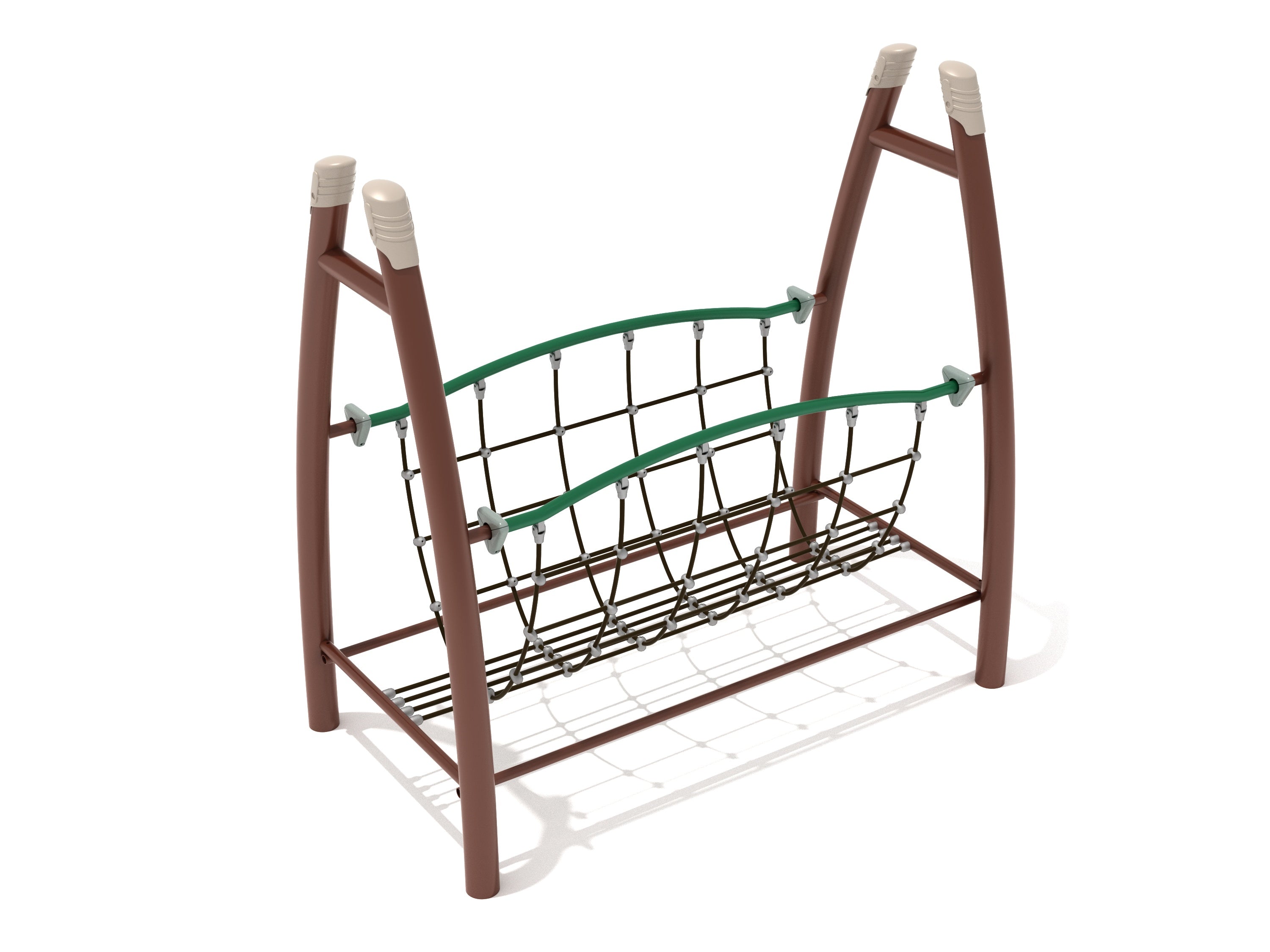 Curved climbing net bridge with brown arched posts, green rails, and black rope grid for playground balance and coordination