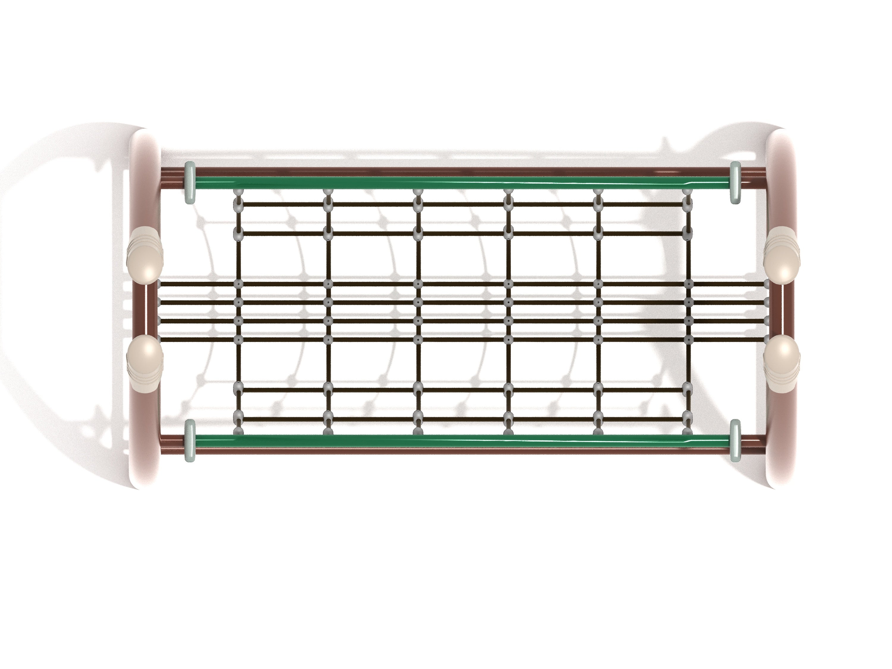 Overhead view of curved post net bridge with brown posts, green rails, and black rope grid walkway for climbing play