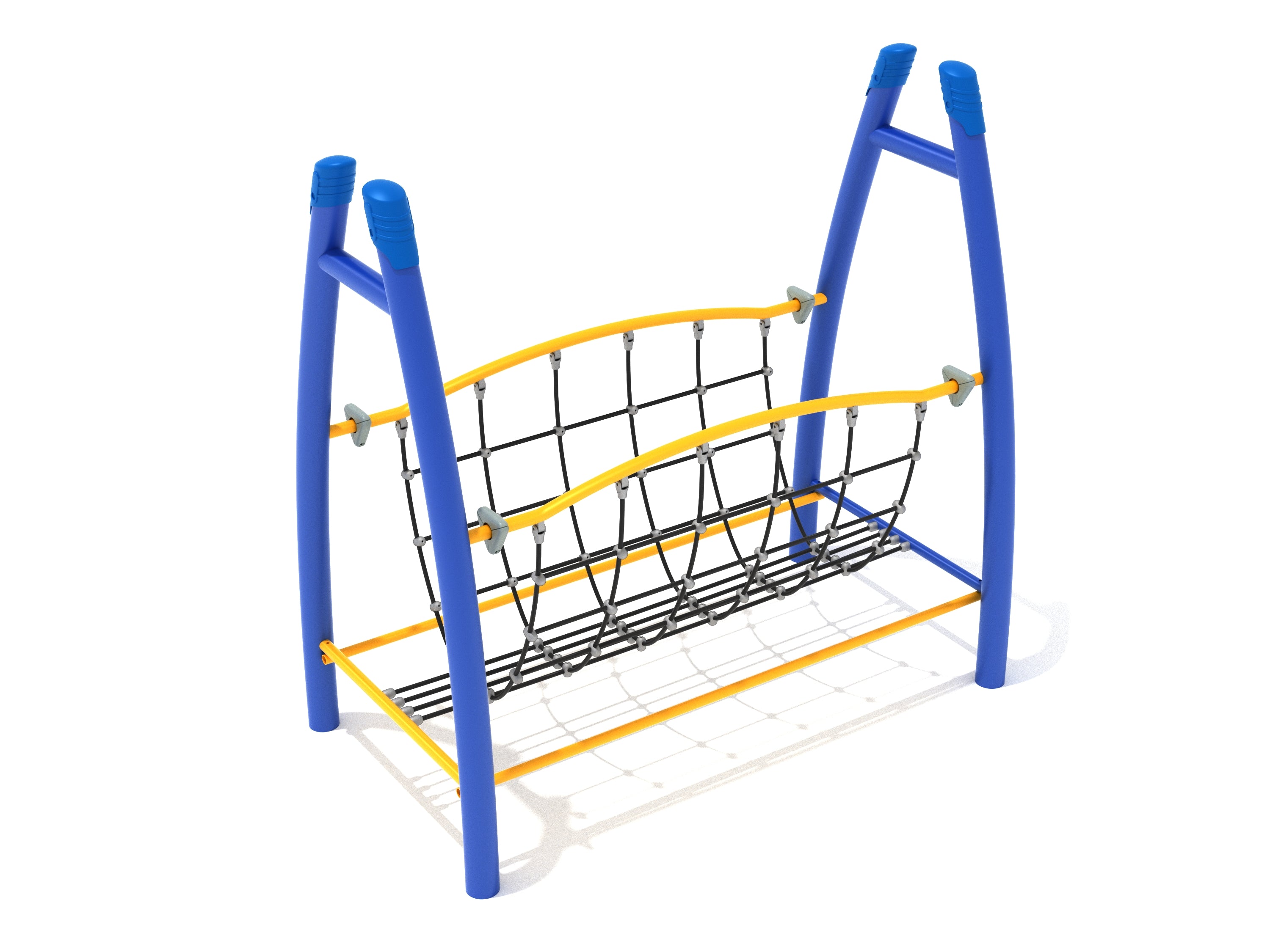 Playground climbing bridge with curved blue posts, yellow rails, and black rope net walkway for balance and coordination development