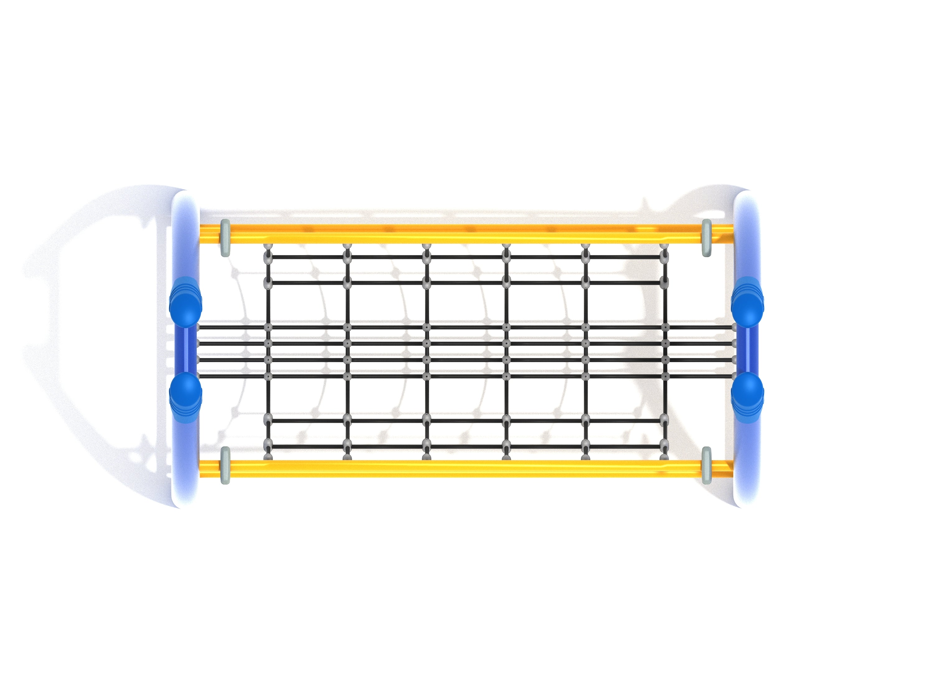 Overhead view of playground climbing bridge with curved blue posts, yellow rails, and black rope net walkway
