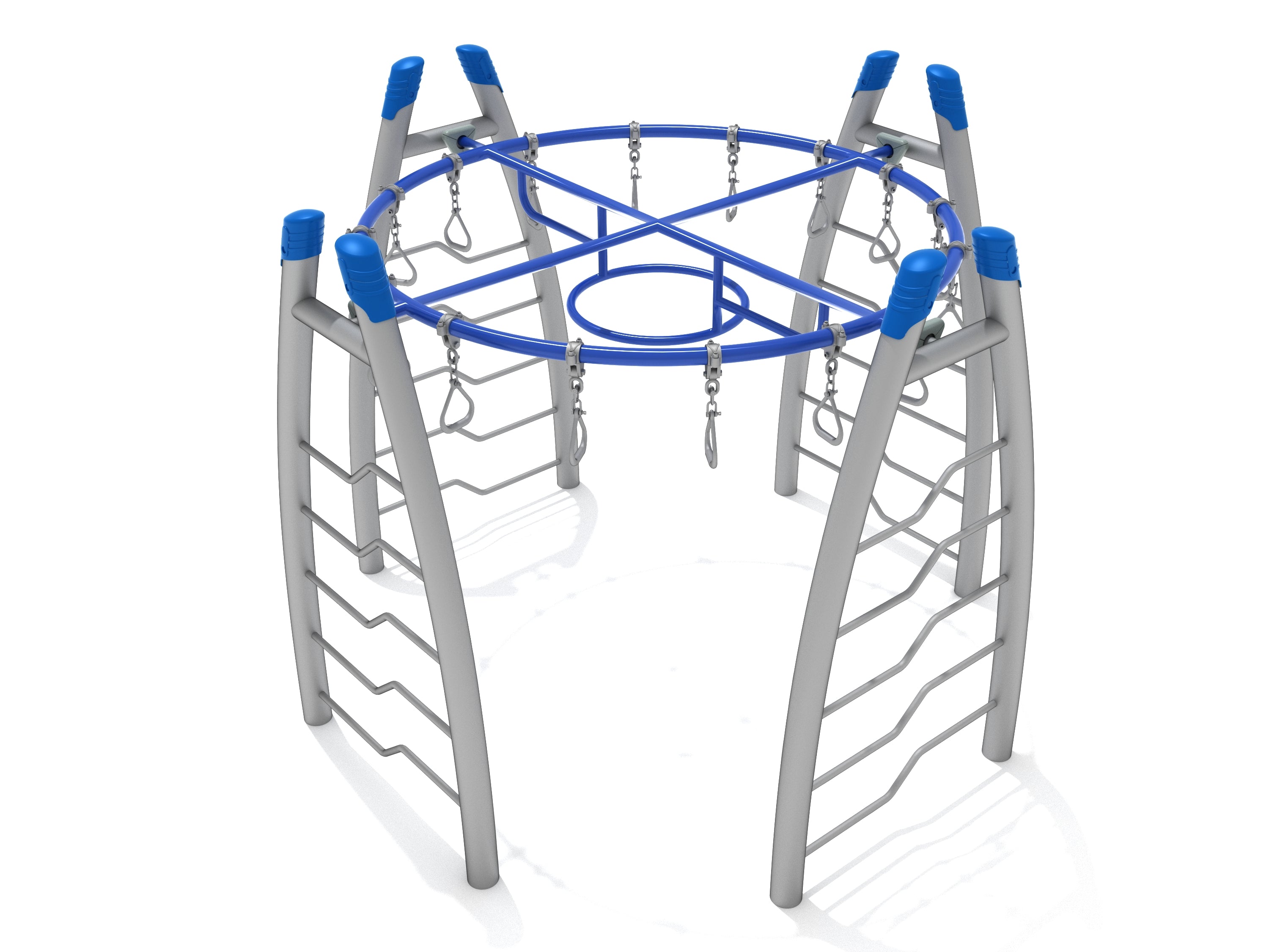 Curved gray climbing frame with blue overhead swinging rings and ladders for playground coordination and grip strength