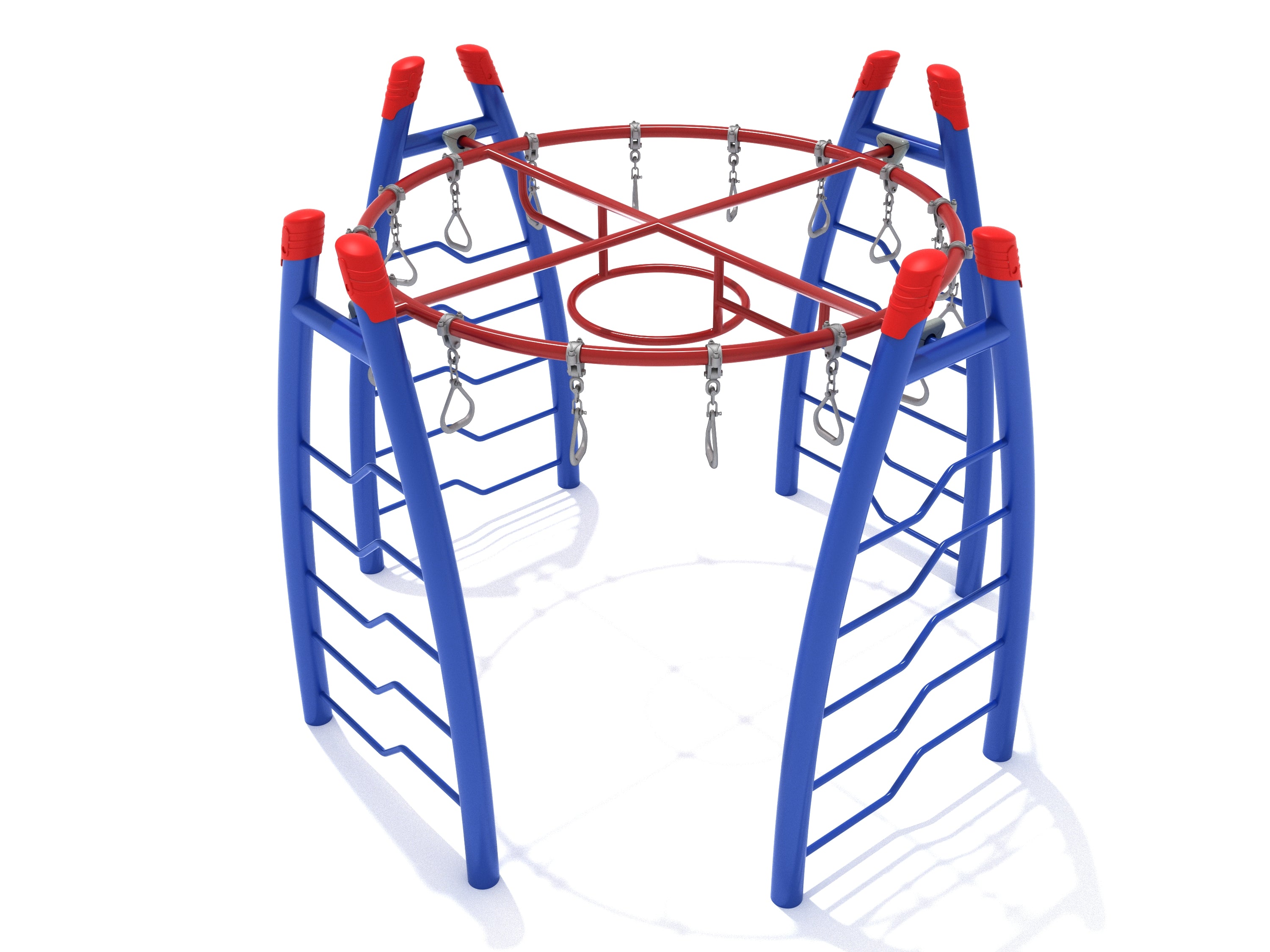Curved Post Circle Overhead Swinging Ring Ladder with blue curved side ladders and red overhead swinging rings for climbing and coordination development