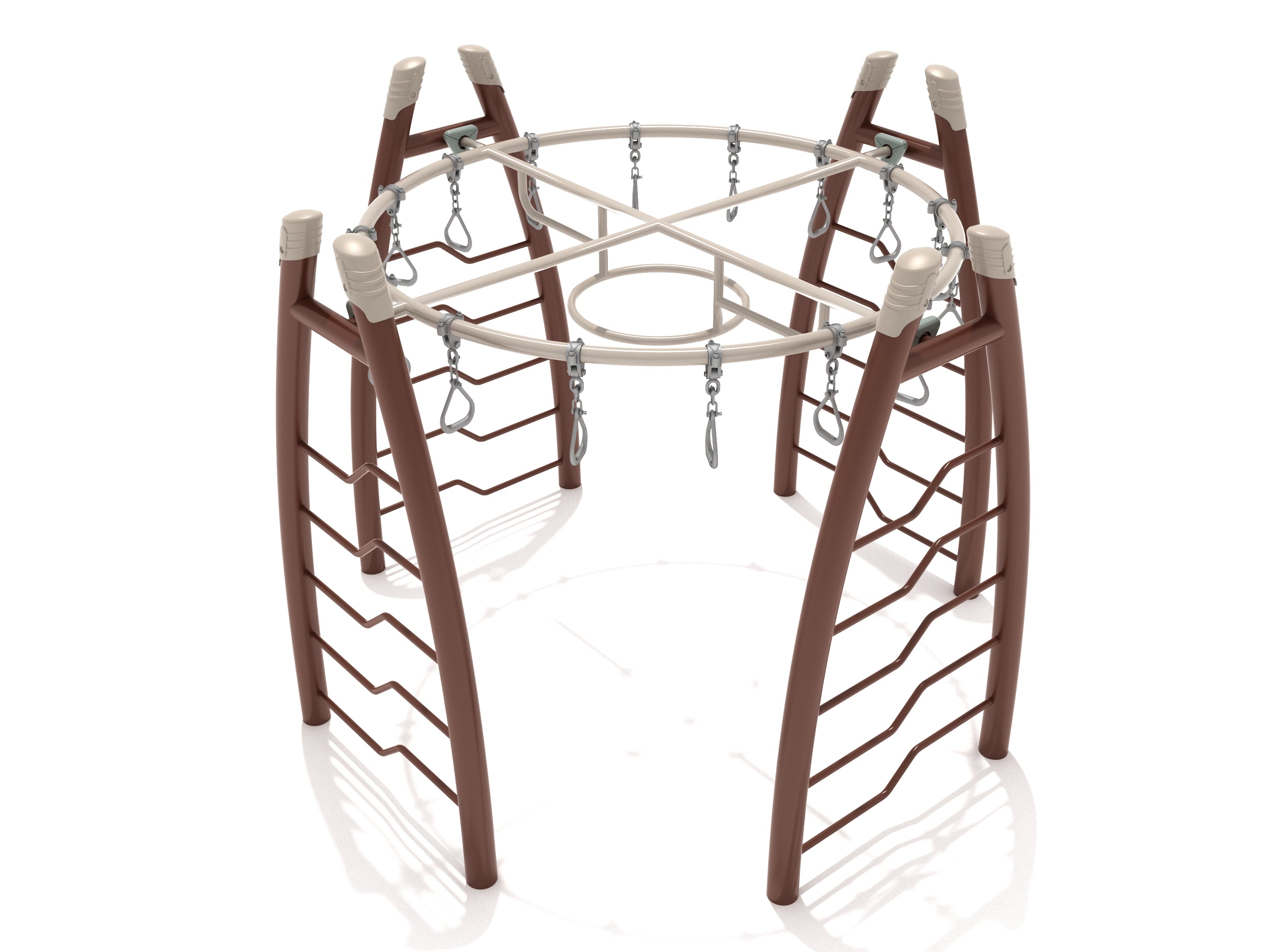 Curved brown and beige playground climber with swinging rings, circular ladder, and interior bars for coordination and strength development