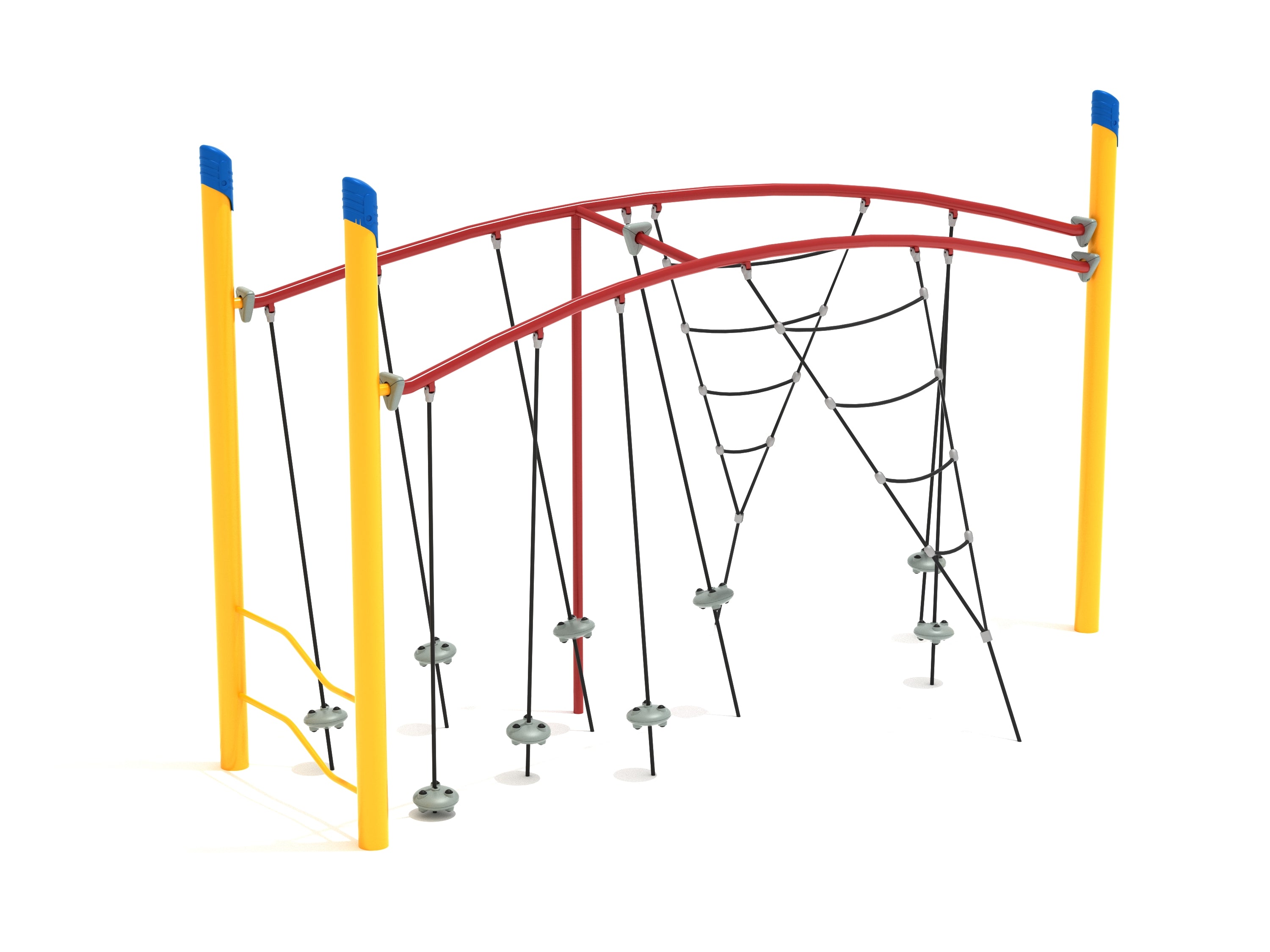 Single Post Double Tilted Lily Pad Bridge with Net Attachment playground climber featuring dual curved rails, tilted stepping pods, and tensioned rope net