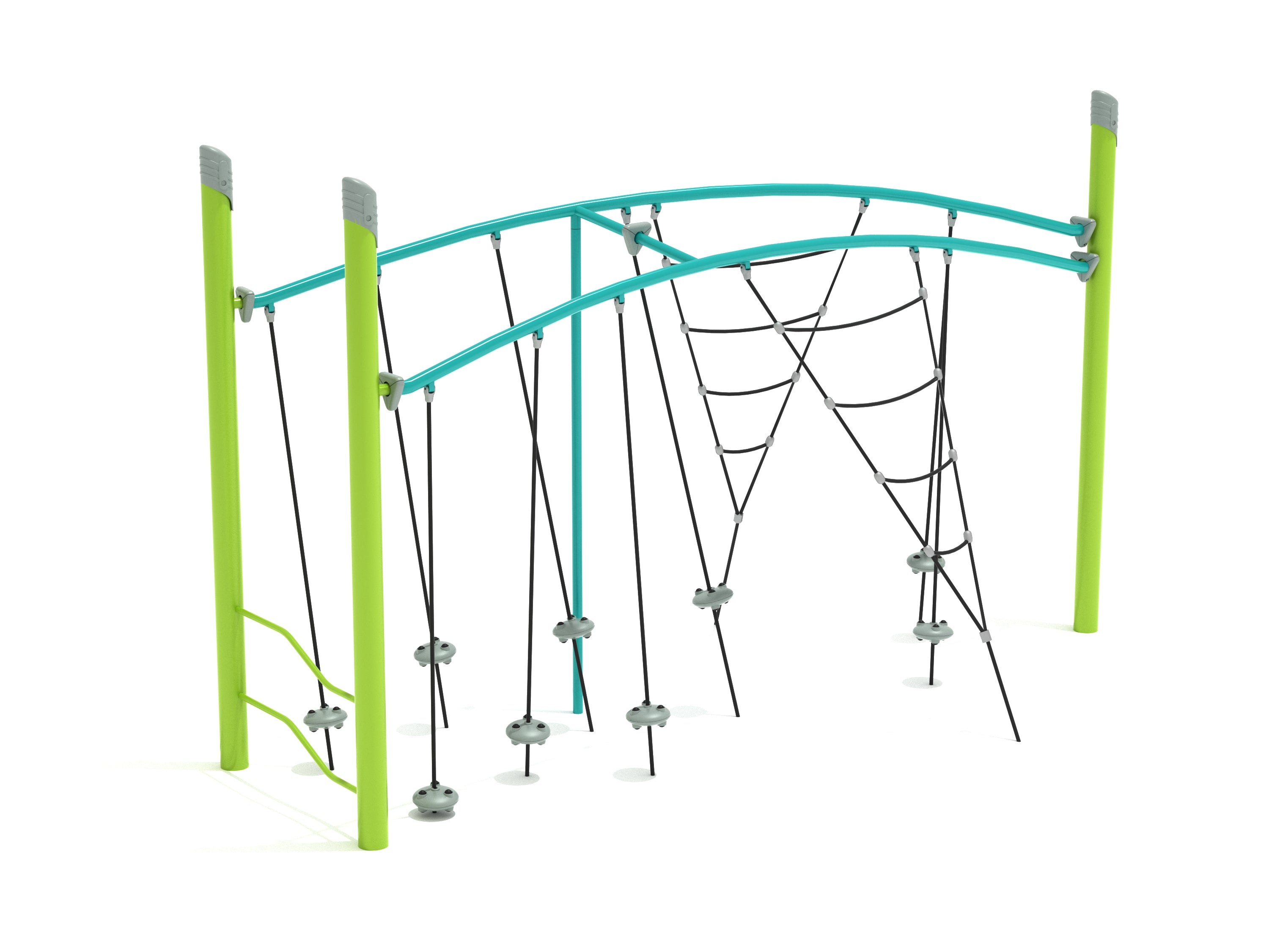 Playground climber with dual curved teal rails, tilted gray stepping pods on ropes, and black tensioned rope net for climbing and balance.