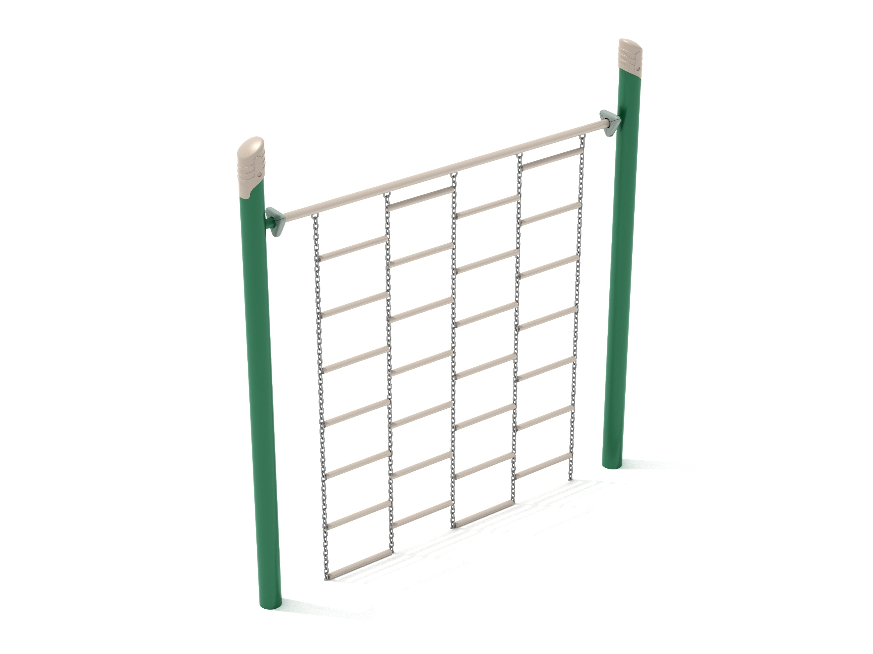 Playground chain climbing wall with green posts and beige rungs suspended by metal chains, angled view