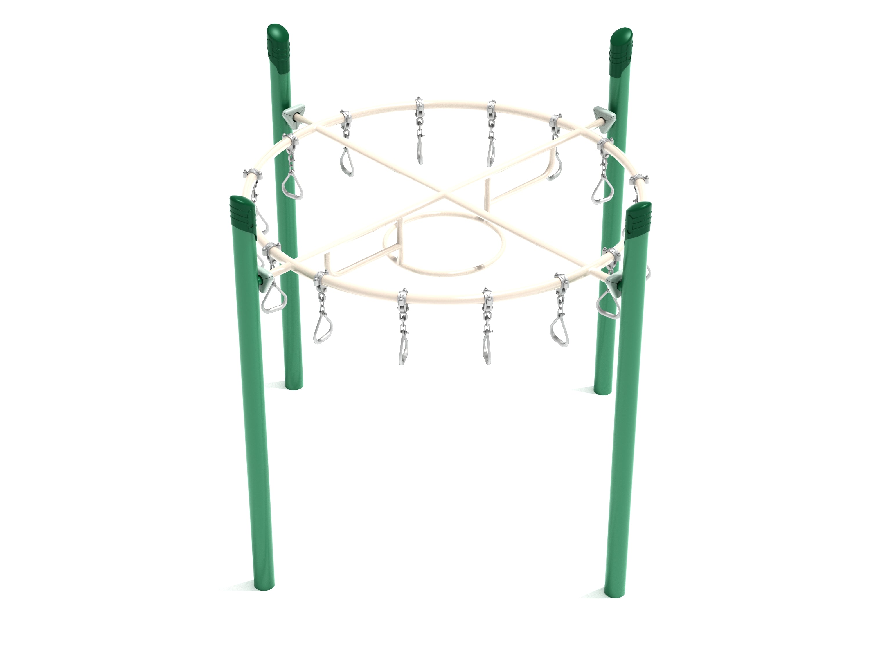 Overhead circular climbing ring ladder with suspended metal rings and central crossbar on green posts