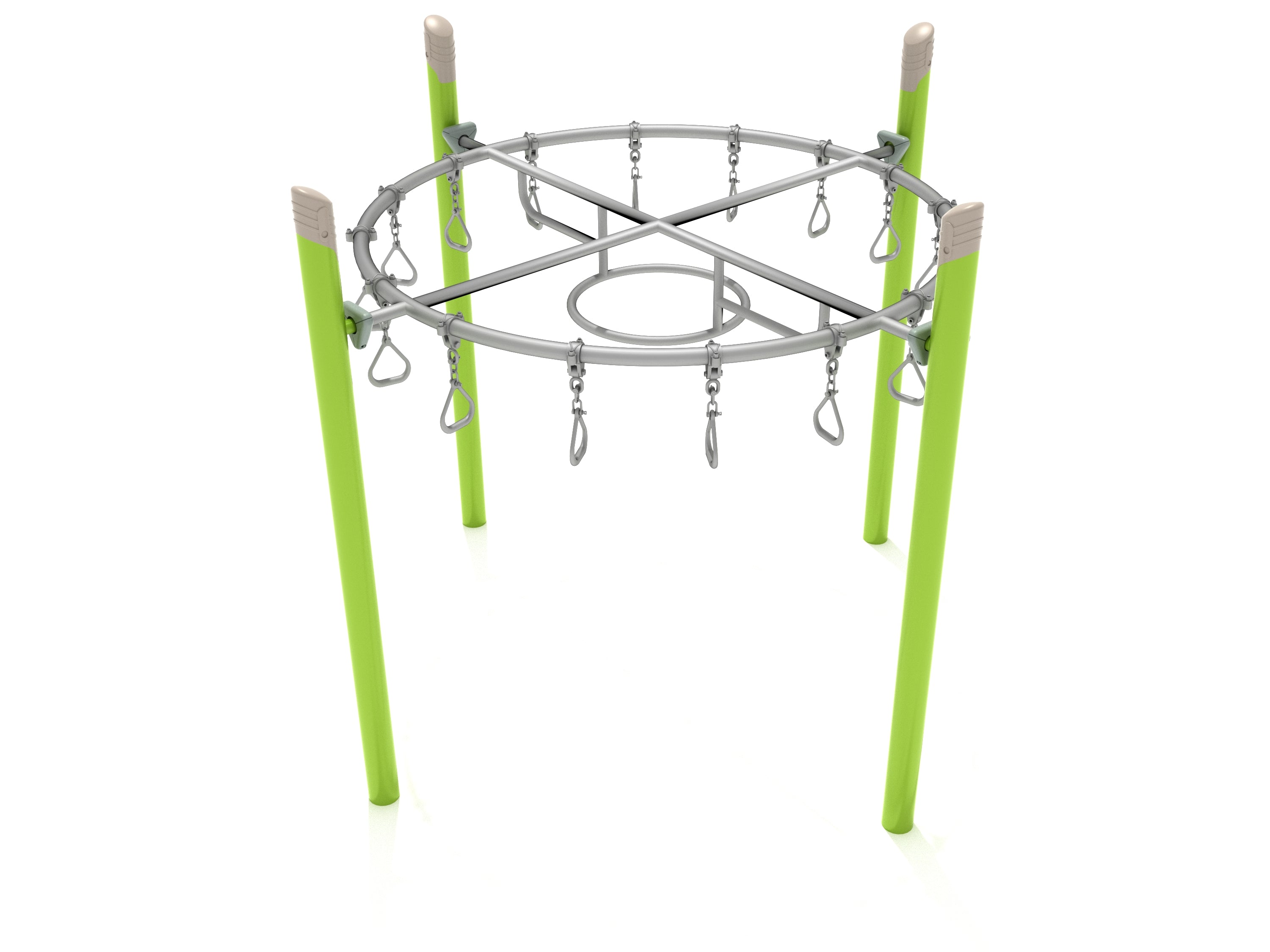 Overhead view of a circular playground climbing ring ladder with hanging triangular grips and green support posts