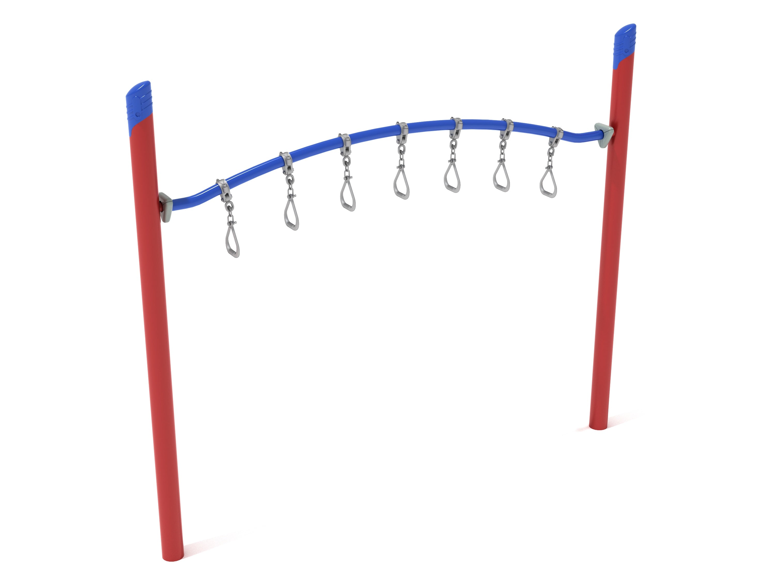 Curved overhead climbing ladder with red posts, blue curved bar, and six hanging metal rings for grip strength and coordination