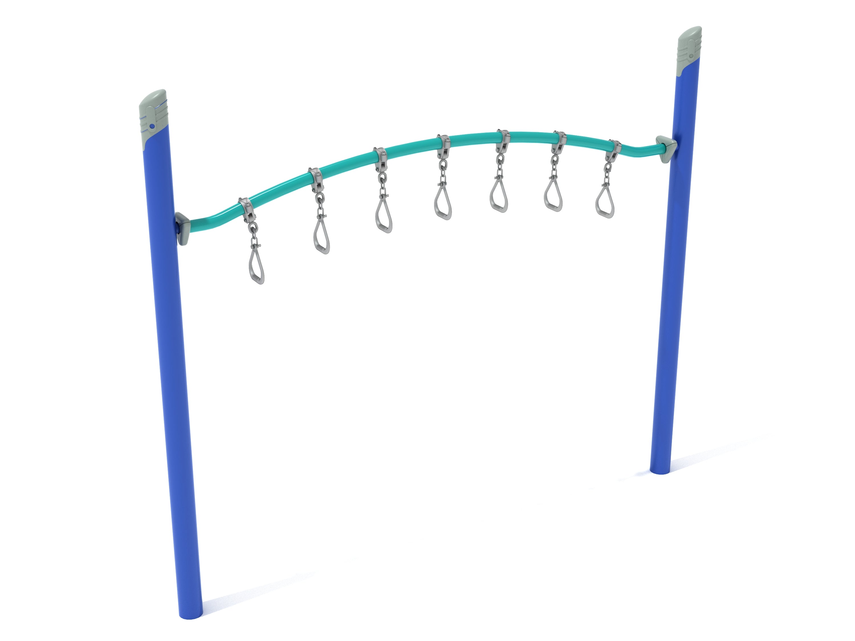 Single Post Curved Overhead Swinging Ring Ladder with blue posts, teal curved bar, and six hanging metal climbing rings
