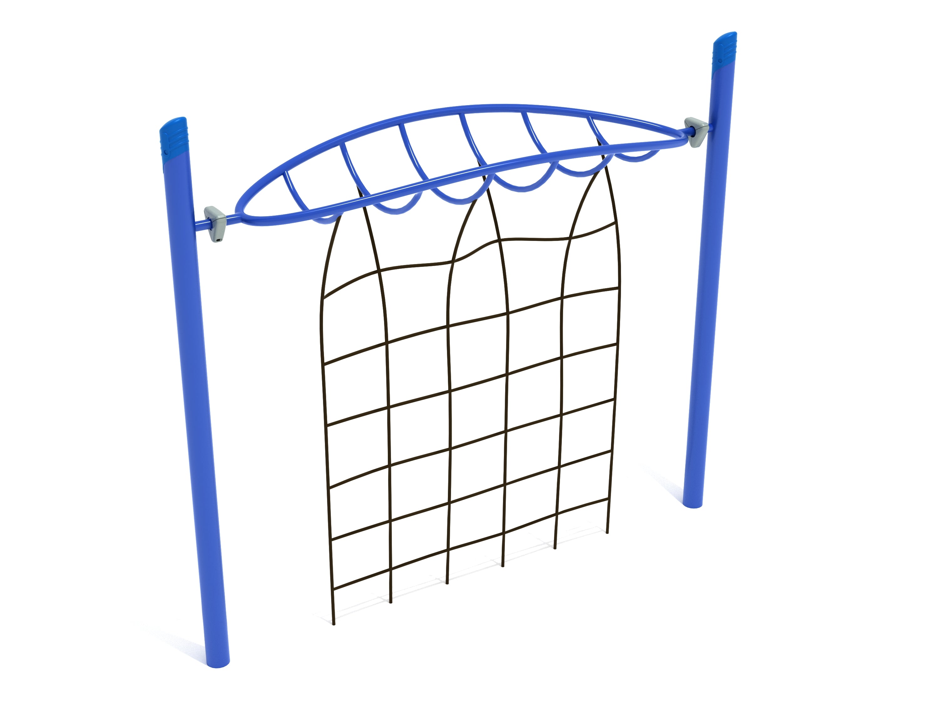 Blue single-post playground climber with curved overhead bars and vertical rope grid for climbing and upper-body strength development