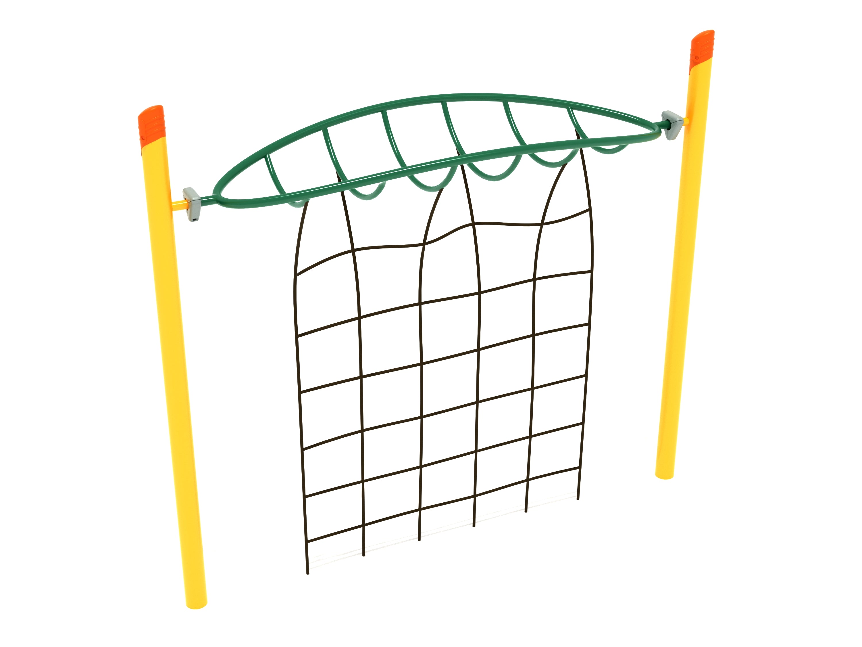 Single Post Overhead Inverted Horizon Climber with Rope Attachment featuring yellow posts, green overhead bars, and black rope grid for dynamic playground climbing