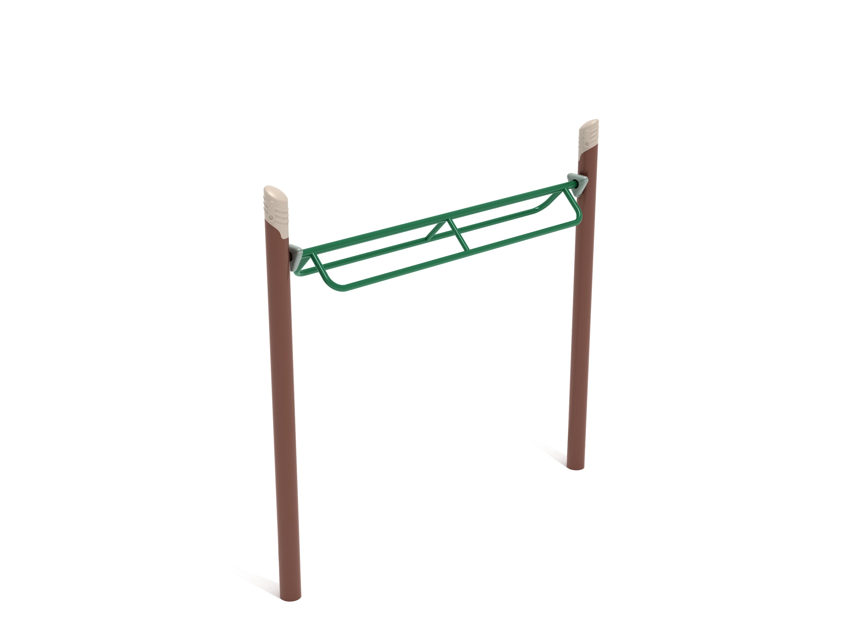 Green dual-bar overhead climber with brown posts for hand-over-hand playground climbing, promoting upper body strength and coordination
