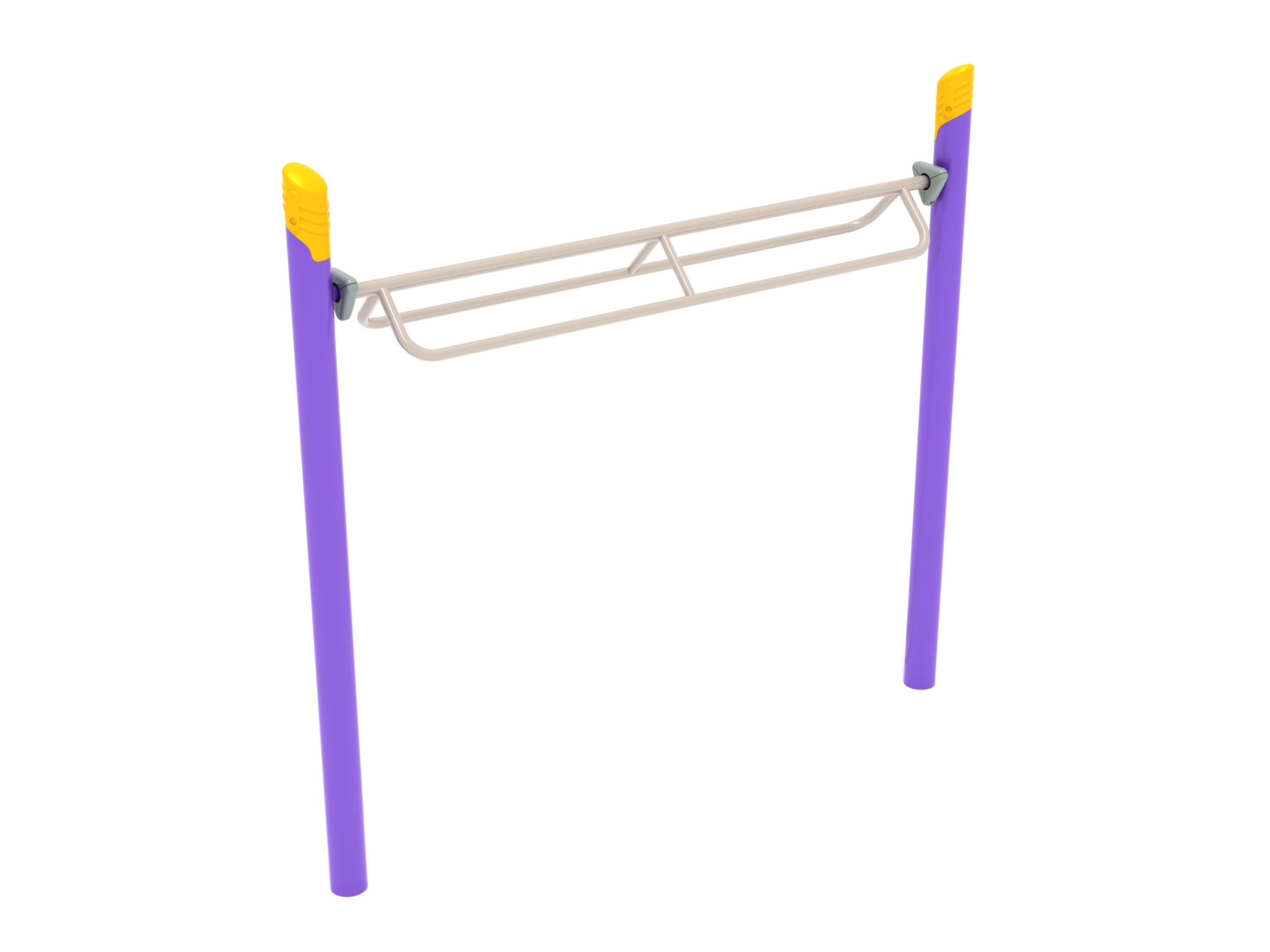 Single Post Rocker Bar Overhead Climber with purple posts and beige dual parallel bars for hand-over-hand playground climbing