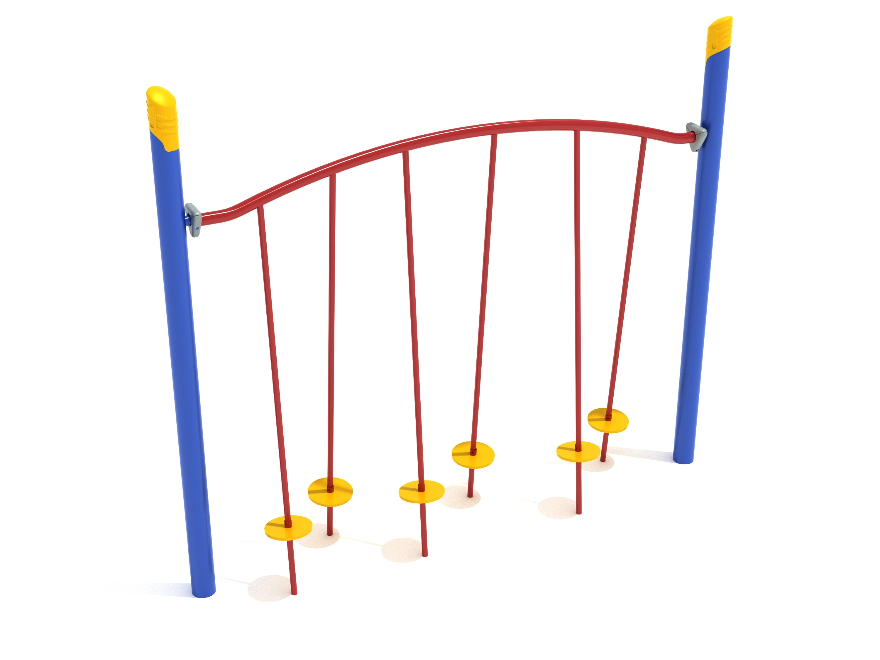 Single Post Tilted Lilly Pad Bridge playground climber with six yellow angled stepping pods, red rods, blue posts, and arched overhead bar