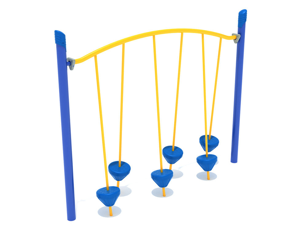 Playground balance climber with six tilted blue pebbles suspended from a yellow arched beam between two blue posts