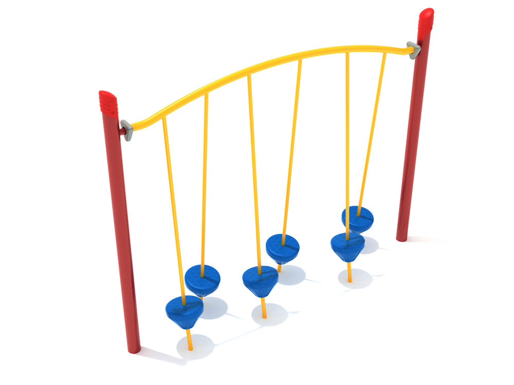 Playground climbing bridge with six blue tilted pebble steps suspended by yellow ropes between red posts and an arched yellow beam