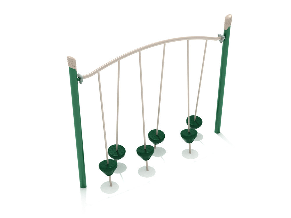Playground climbing bridge with six green tilted pebble steps suspended from an arched overhead beam between two vertical posts