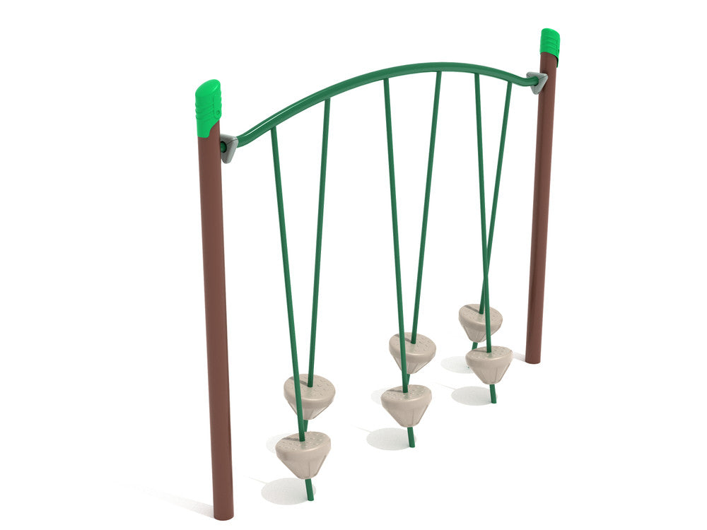 Six tilted pebble-shaped climbing steps suspended from an arched green beam with two brown support posts on playground equipment