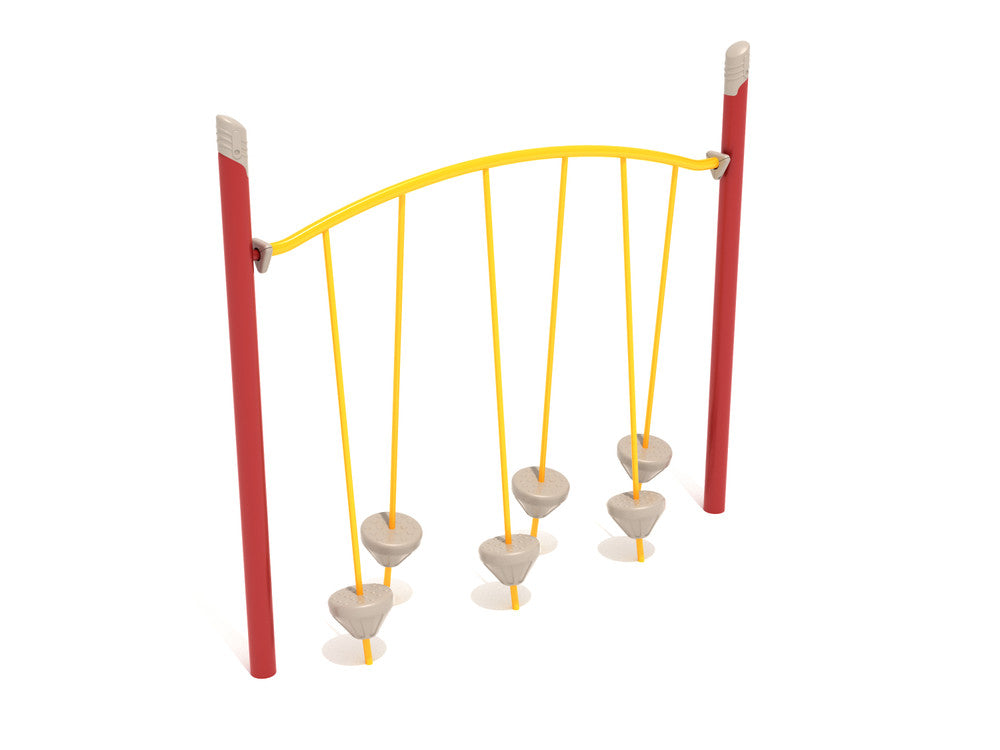 Single Post Tilted Pebble Bridge with six suspended tilted pebbles, red posts, and yellow arched overhead beam for climbing and balancing