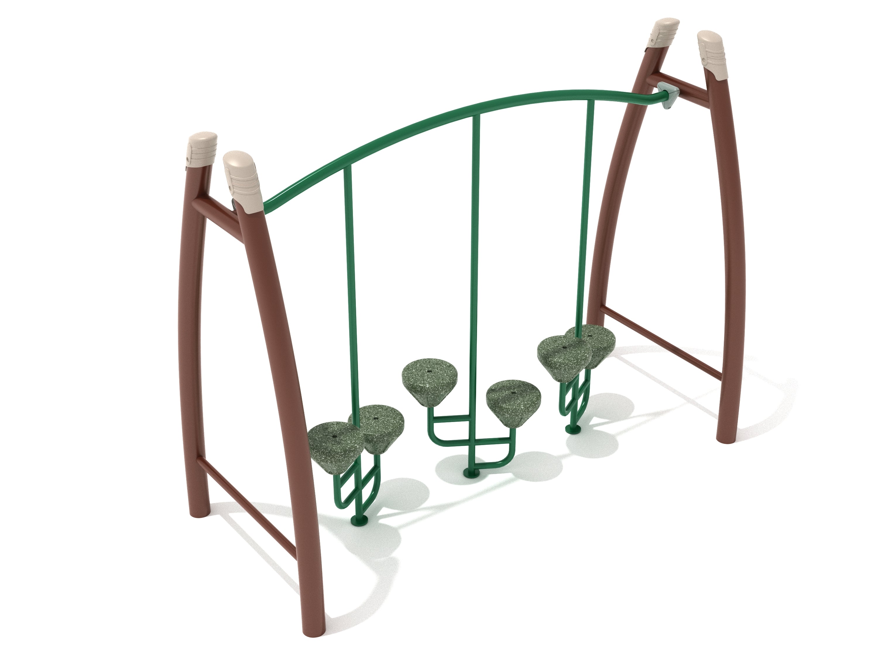 Arched climbing bridge with six textured pebble steps in alternating heights and green and brown frame