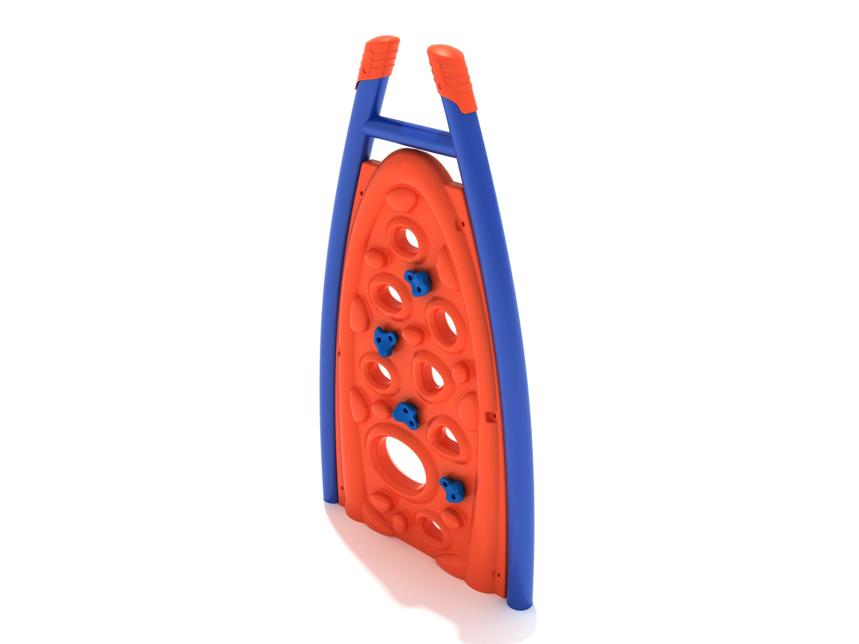 Curved Post Panel Climber with blue frame, orange climbing panel featuring varied holes and blue hand grips for playground climbing fun