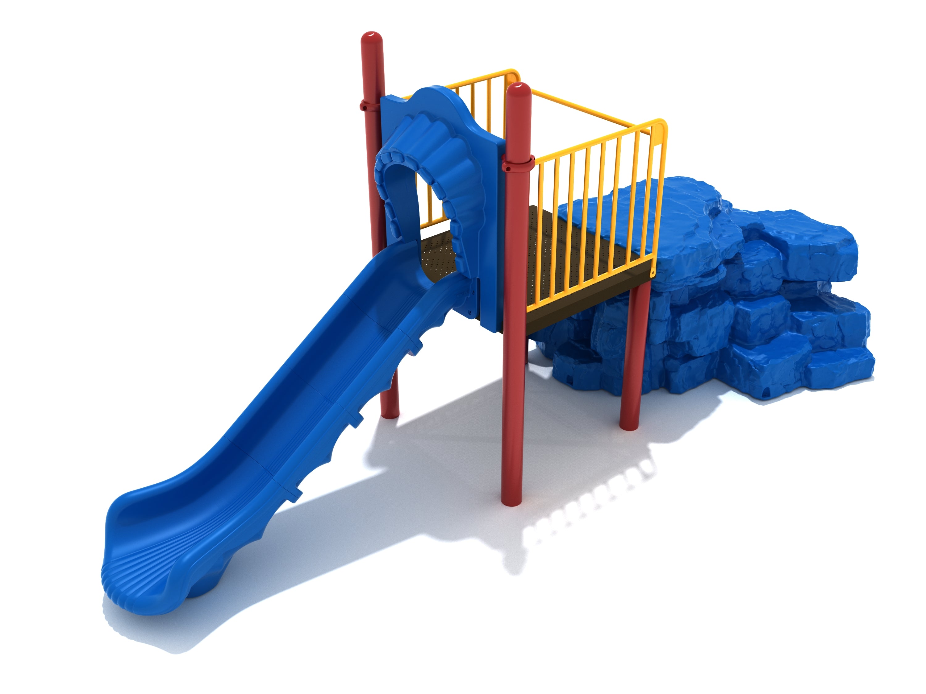 Boulder Climber with Slide featuring blue molded rock wall, straight blue slide, yellow safety railings, and red support posts