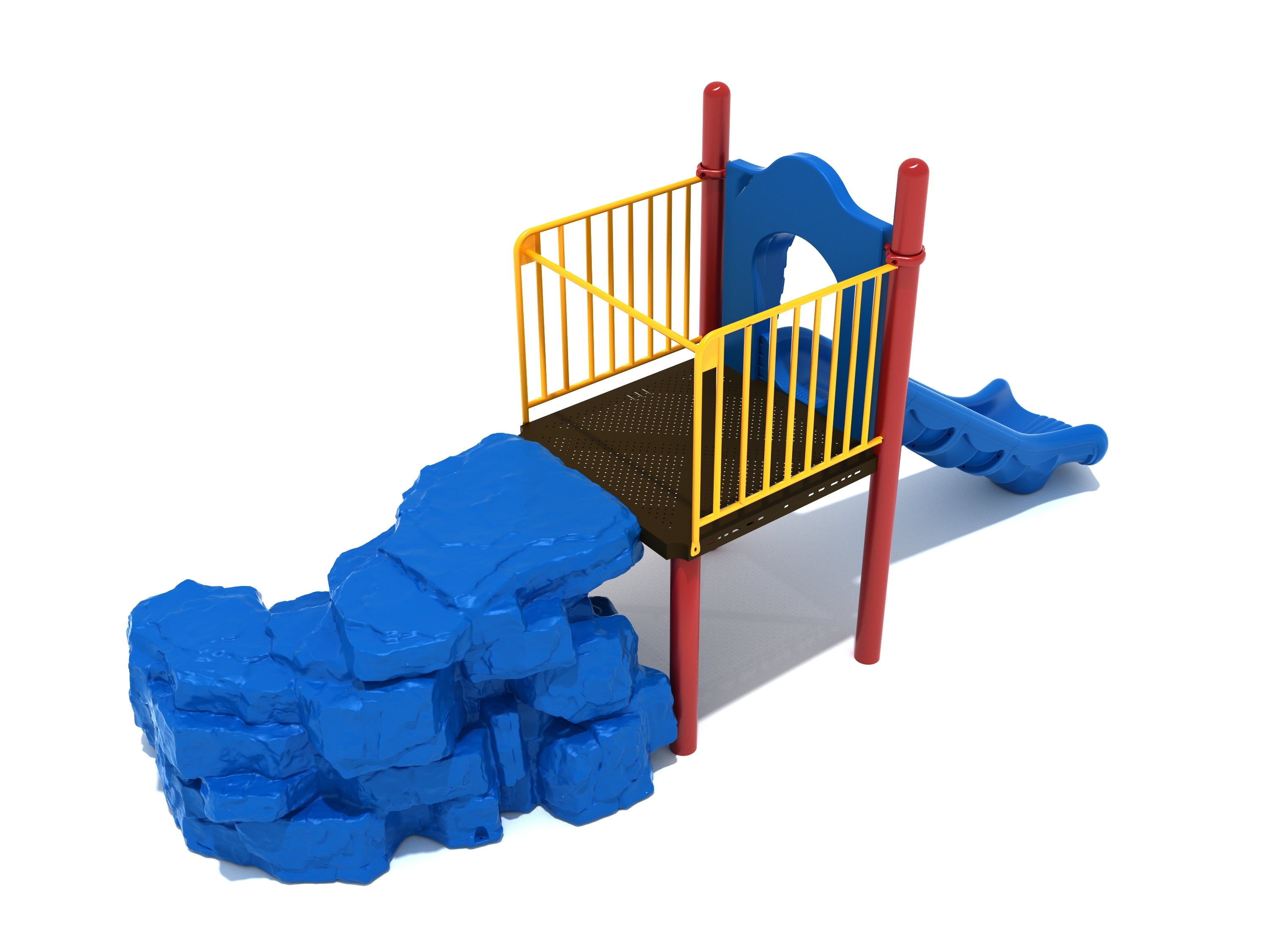 Compact playground climber with blue molded rock wall, yellow safety railings, red support posts, and blue straight slide