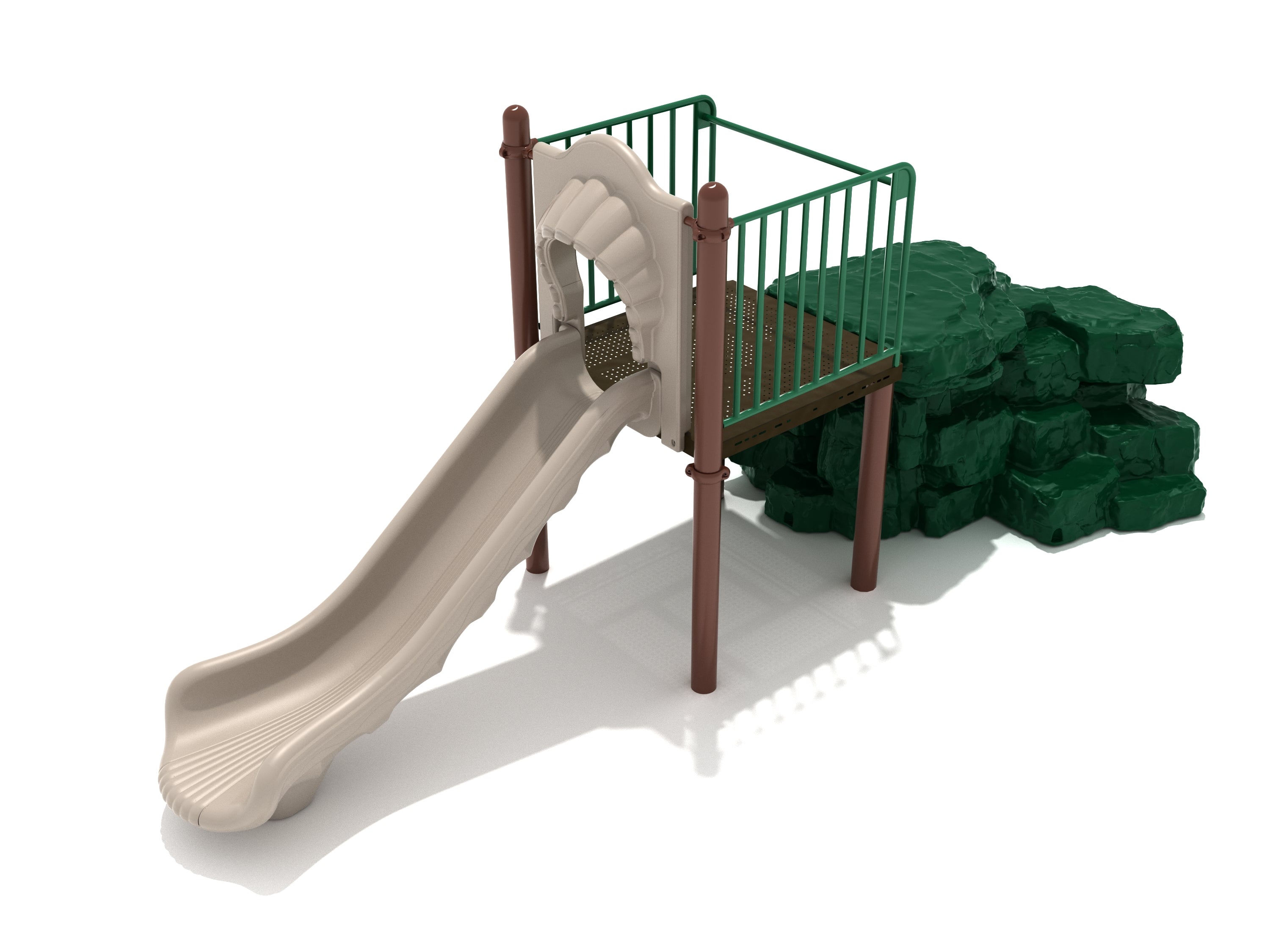 Playground climber with textured green boulder wall, beige straight slide, brown support posts, and green safety railings
