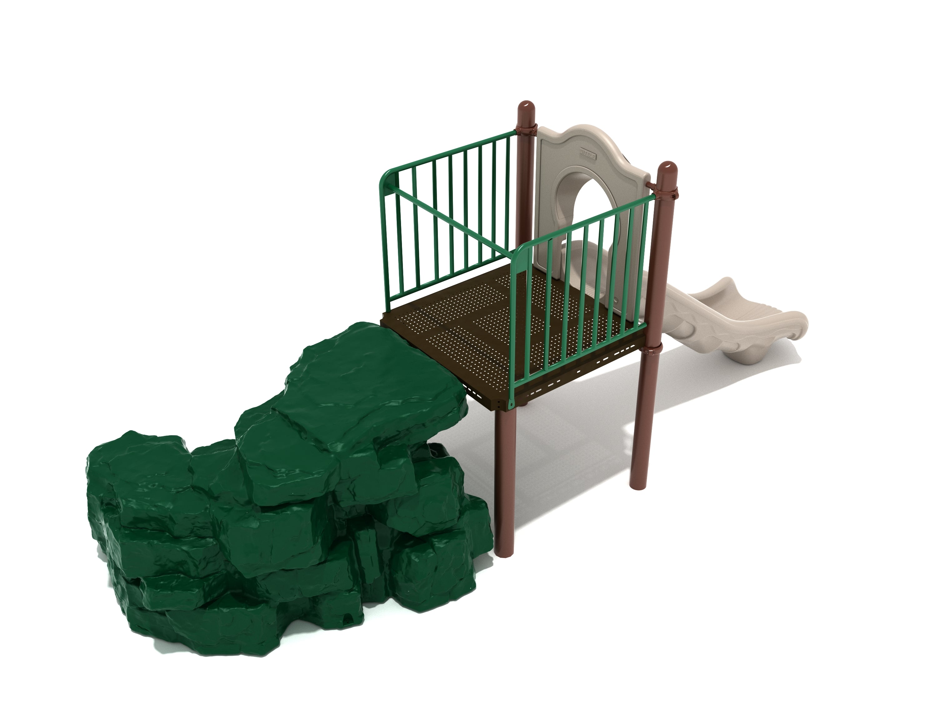 Playground climber with textured green boulder steps, brown platform with green railings, and beige straight slide