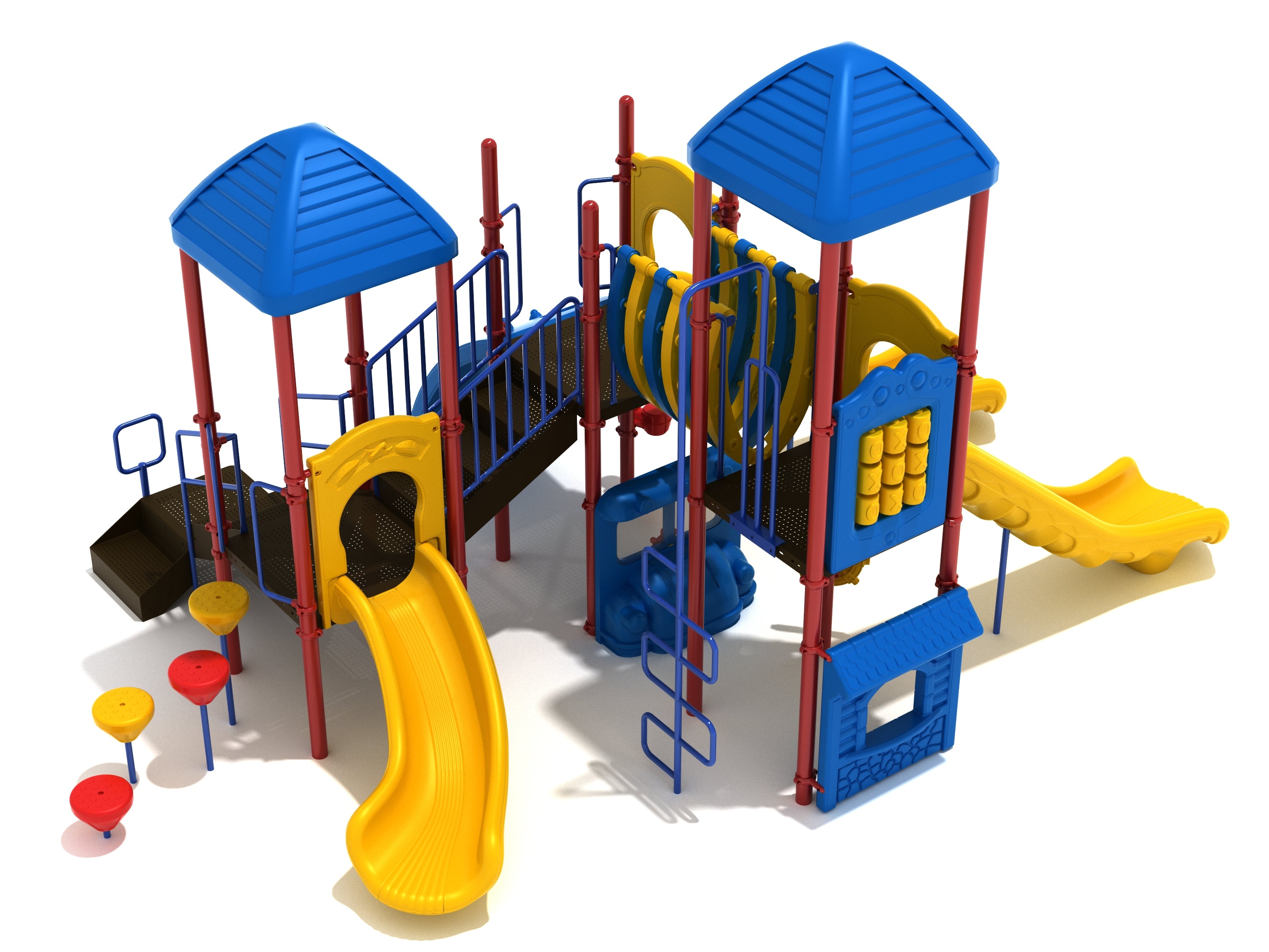 Aerial view of large commercial playground with twin roofed towers, slides, Bones Bridge, climbers, and activity panels