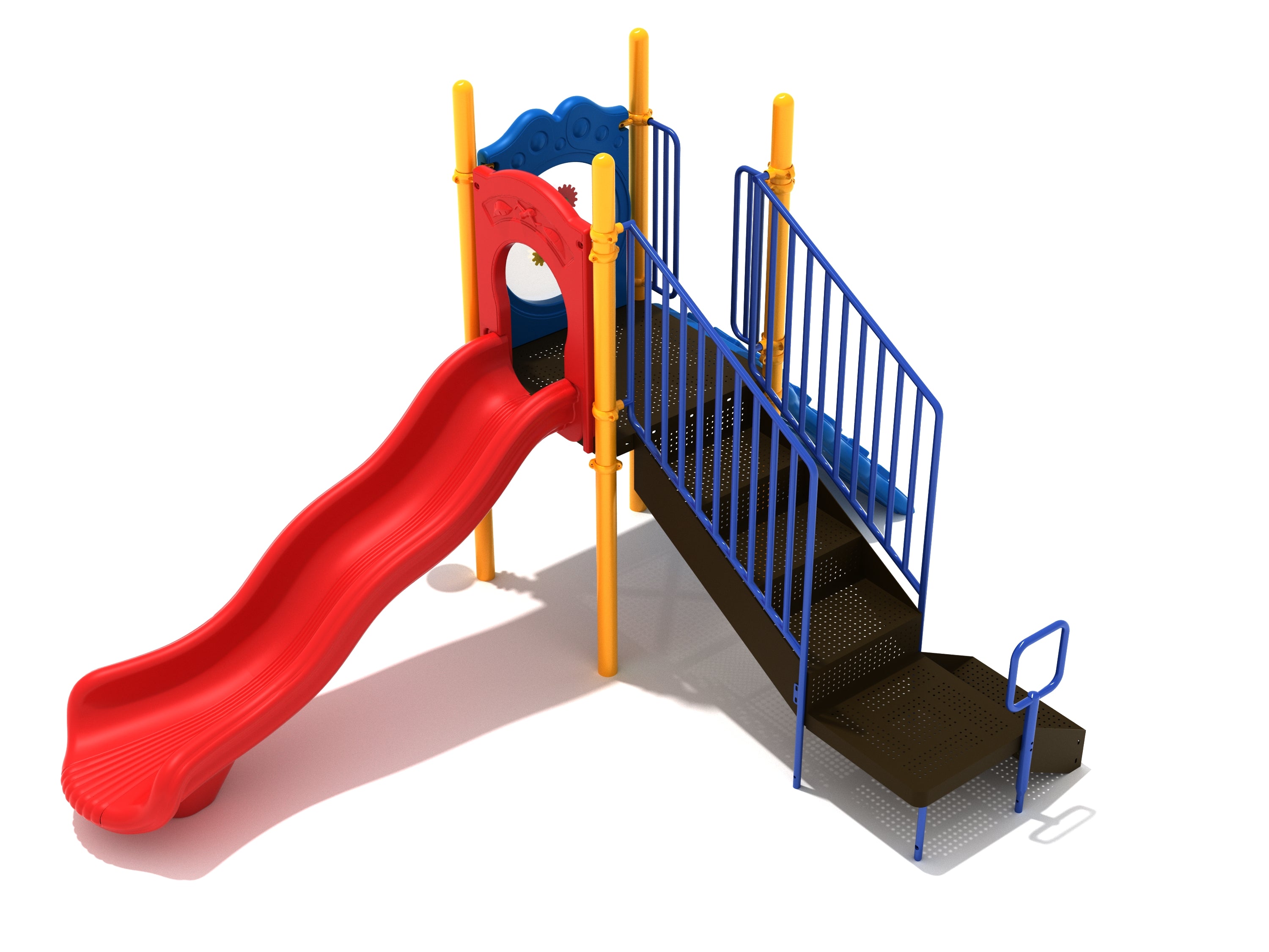 Compact playground structure with red straight slide, blue railings, yellow supports, black perforated steps, and interactive panels.