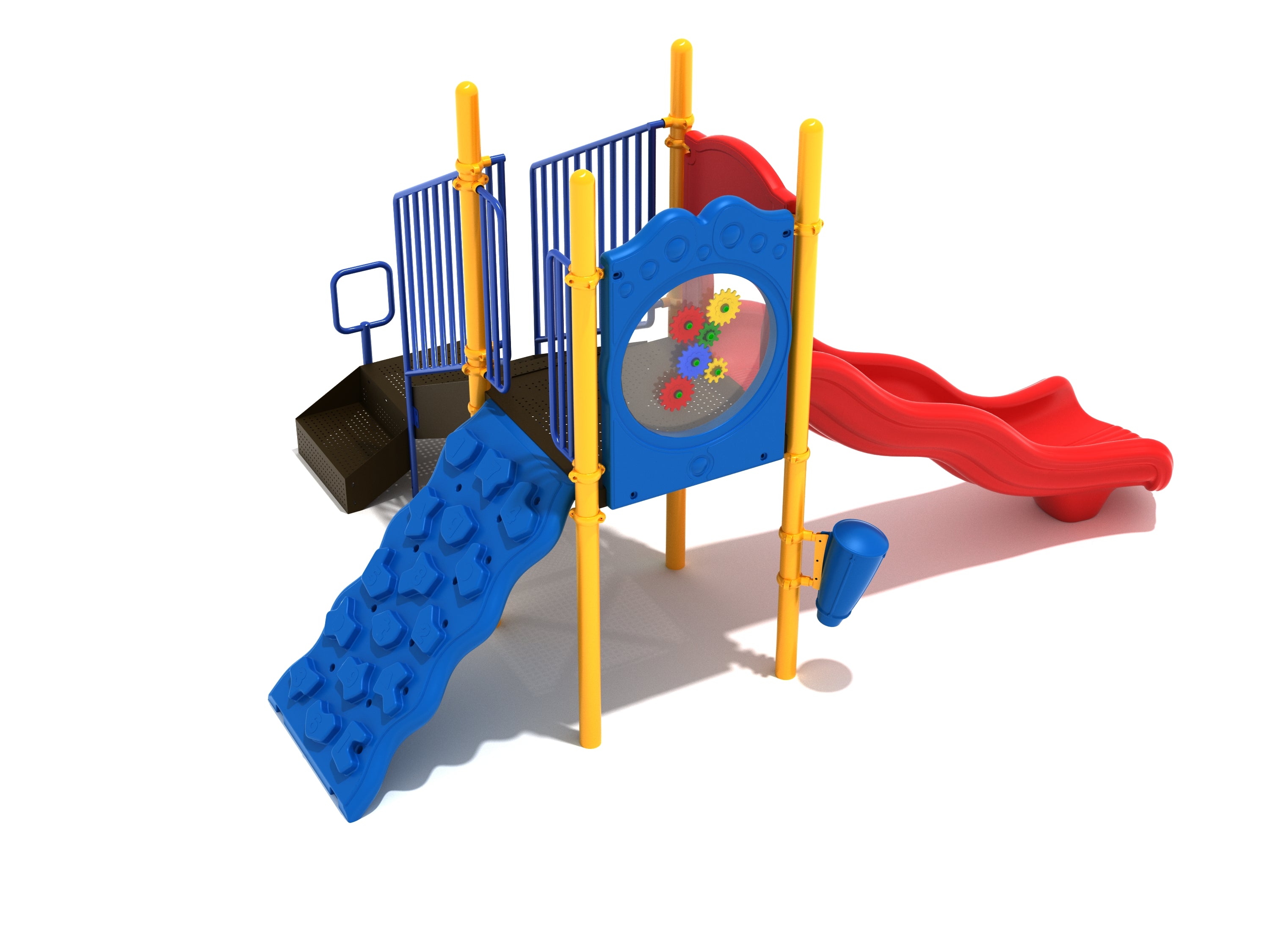Compact playground structure with red wavy slide, blue climbing wall, interactive gear panel, and mounted drum at ground level
