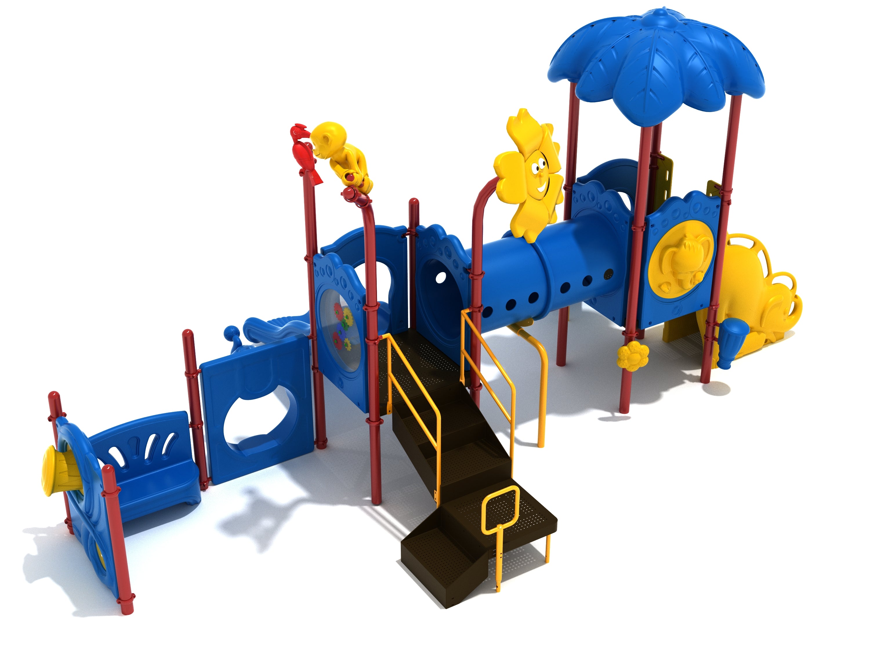 Colorful playground with blue platforms, yellow activity panels, slides, tube bridge, and animal-themed turret toppers.