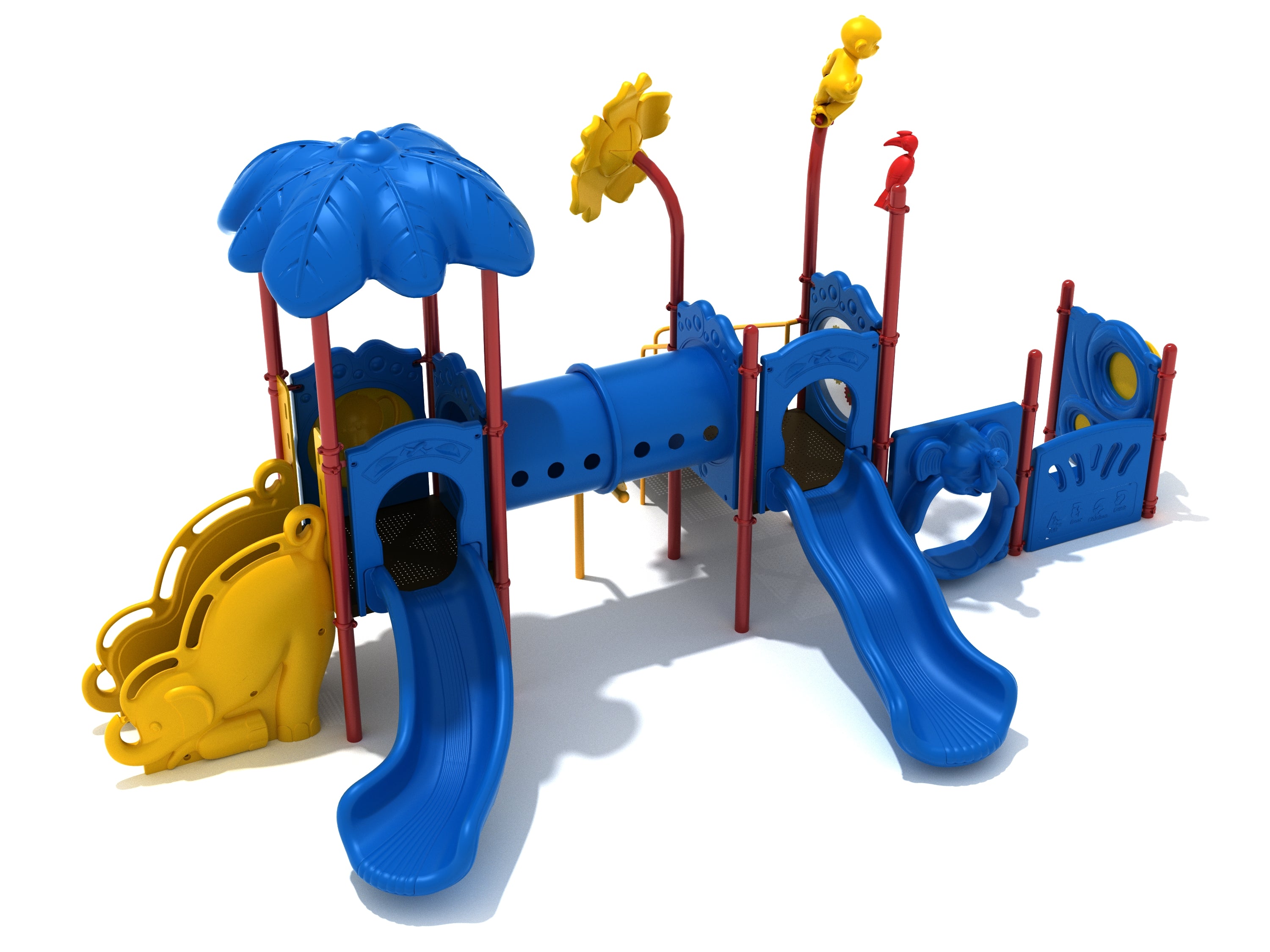 Colorful playground with blue wave and right turn slides, yellow elephant climbing wall, tube bridge, and animal-themed turret toppers