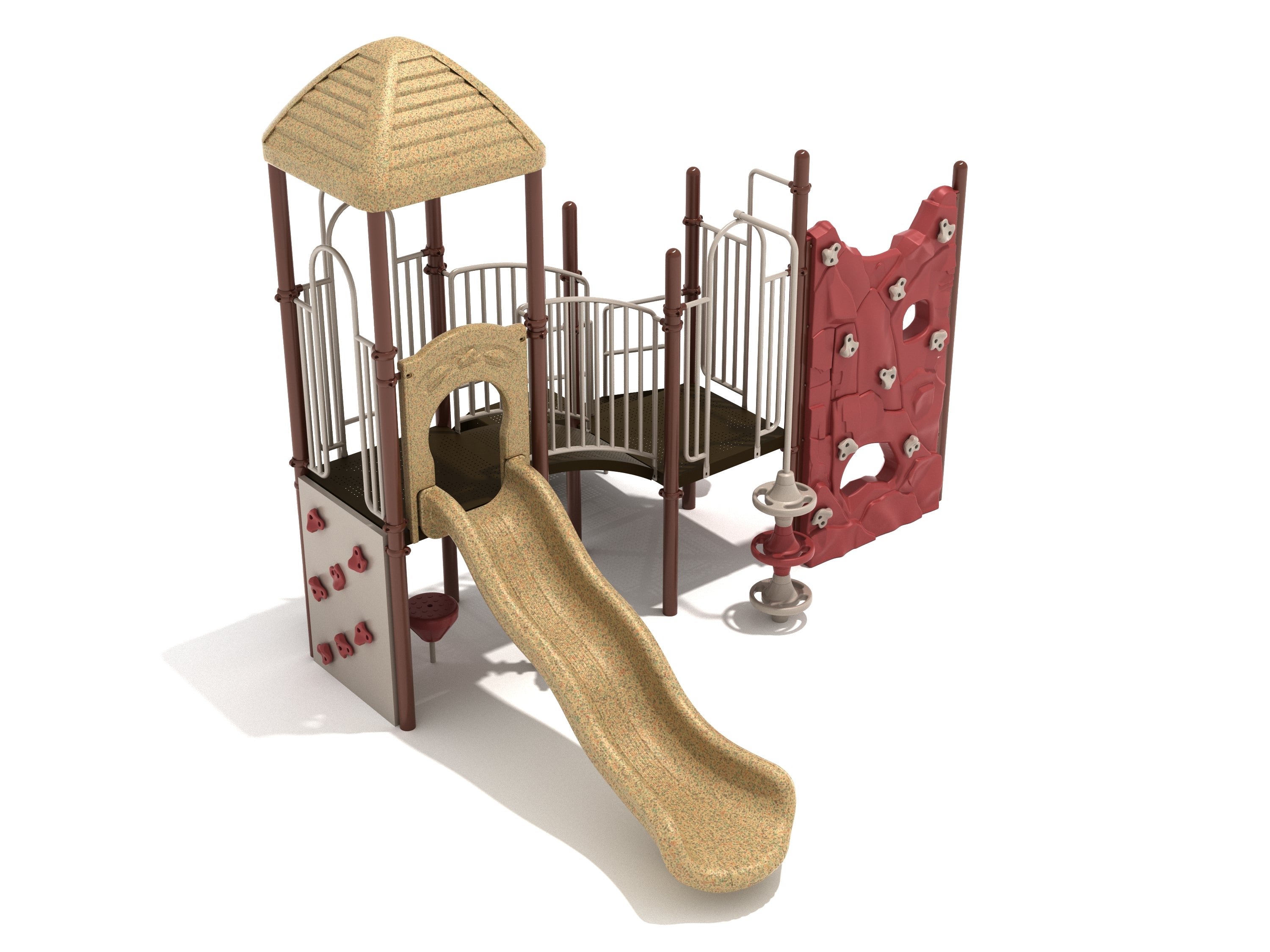 Playground structure with tan wave slide, red rock climbing walls, four vertical climbers, and elevated deck with railings