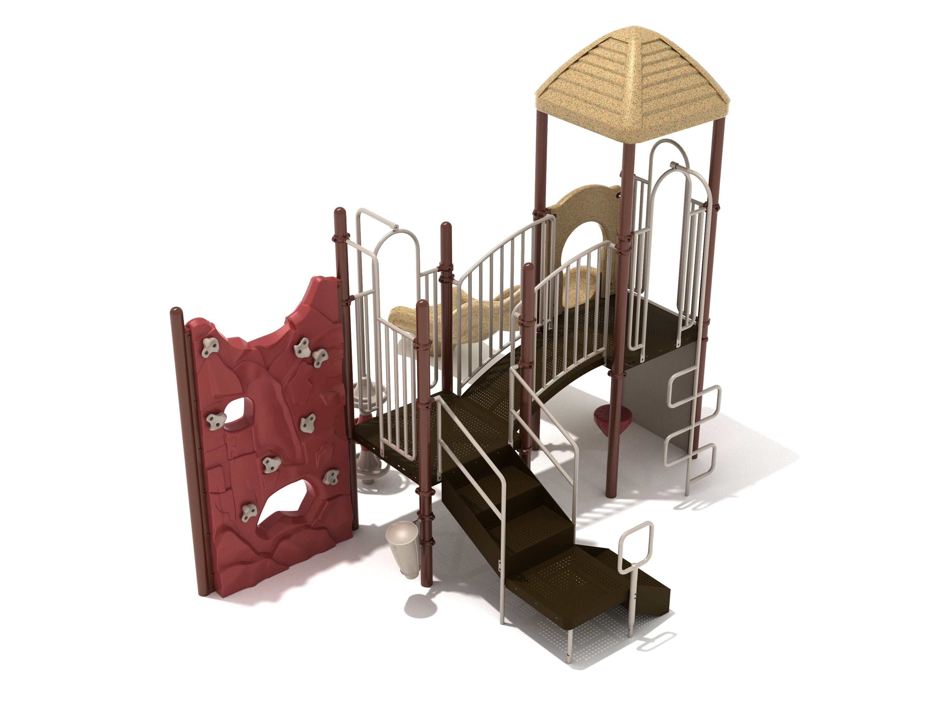 Playground structure with four vertical climbers including two rock walls, elevated deck with roof, wave slide, and climbing bars