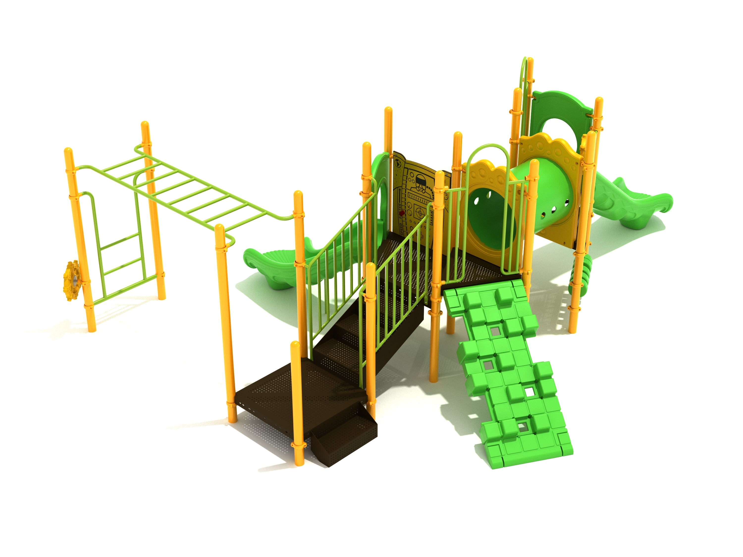 Colorful playground climber with slides, tube tunnel, climbing ramp, monkey bars, interactive panels, and ship’s wheels for imaginative play