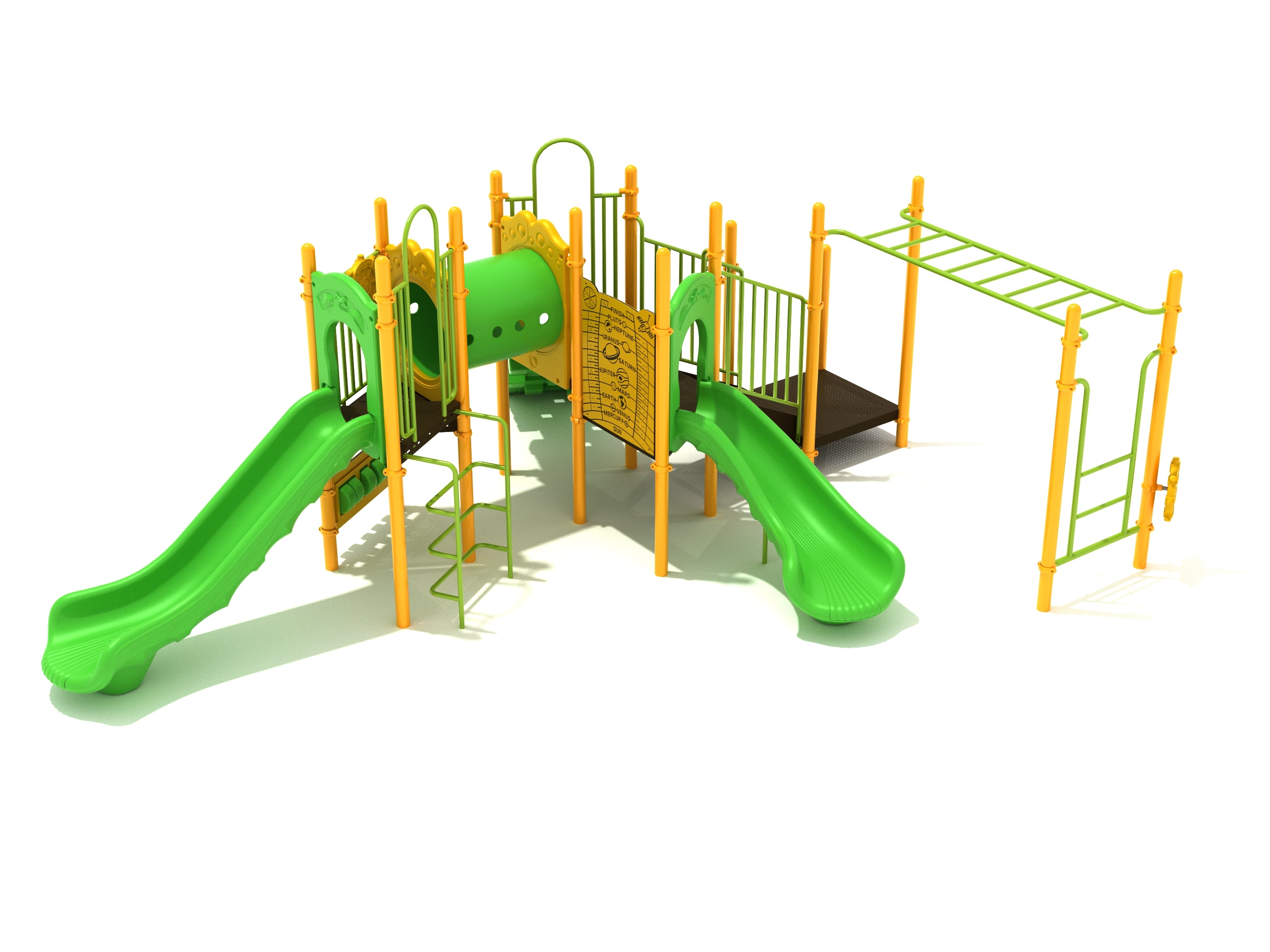Colorful playground structure with two green slides, tube bridge, climbing ladders, interactive panels, and ship’s wheels for imaginative play.