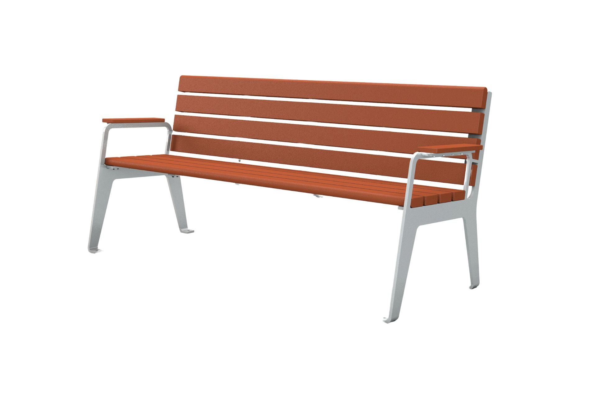 Plaza Recycled Plastic Park Bench with brown slats and white metal frame, durable eco-friendly outdoor seating