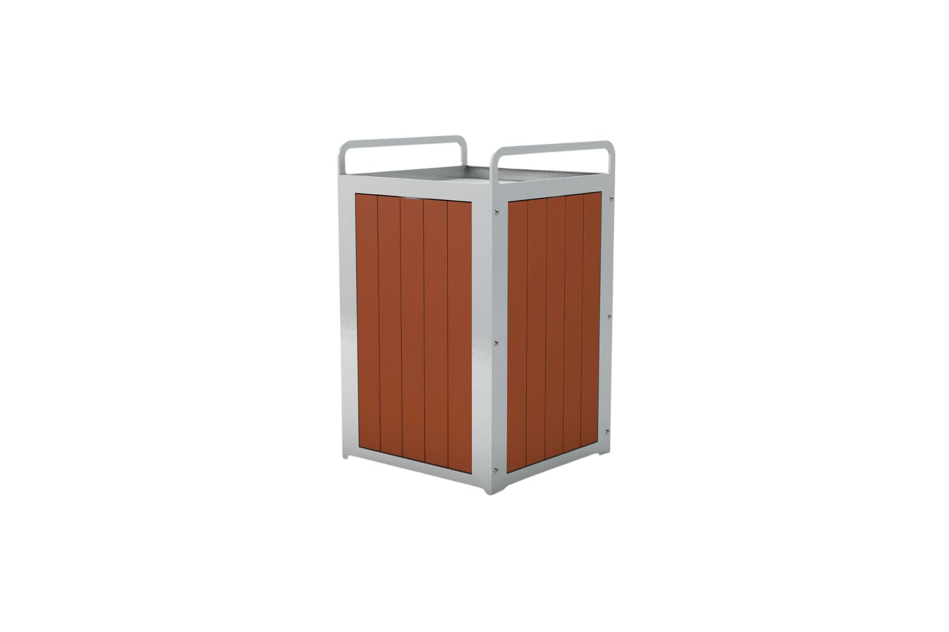 Plaza Recycled Plastic Trash Receptacle with rust-colored vertical panels and silver metal frame for outdoor waste management