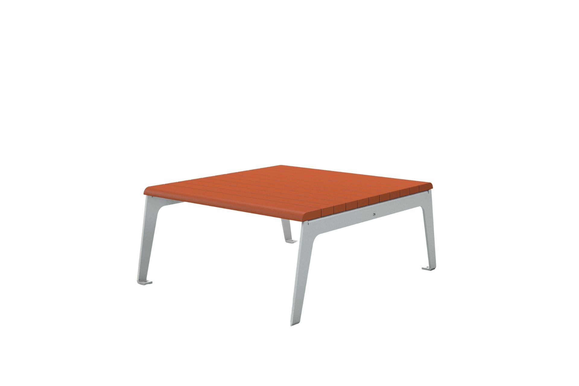 Plaza Recycled Plastic Outdoor Table with rust-colored slatted top and sturdy silver metal legs, eco-friendly outdoor furniture