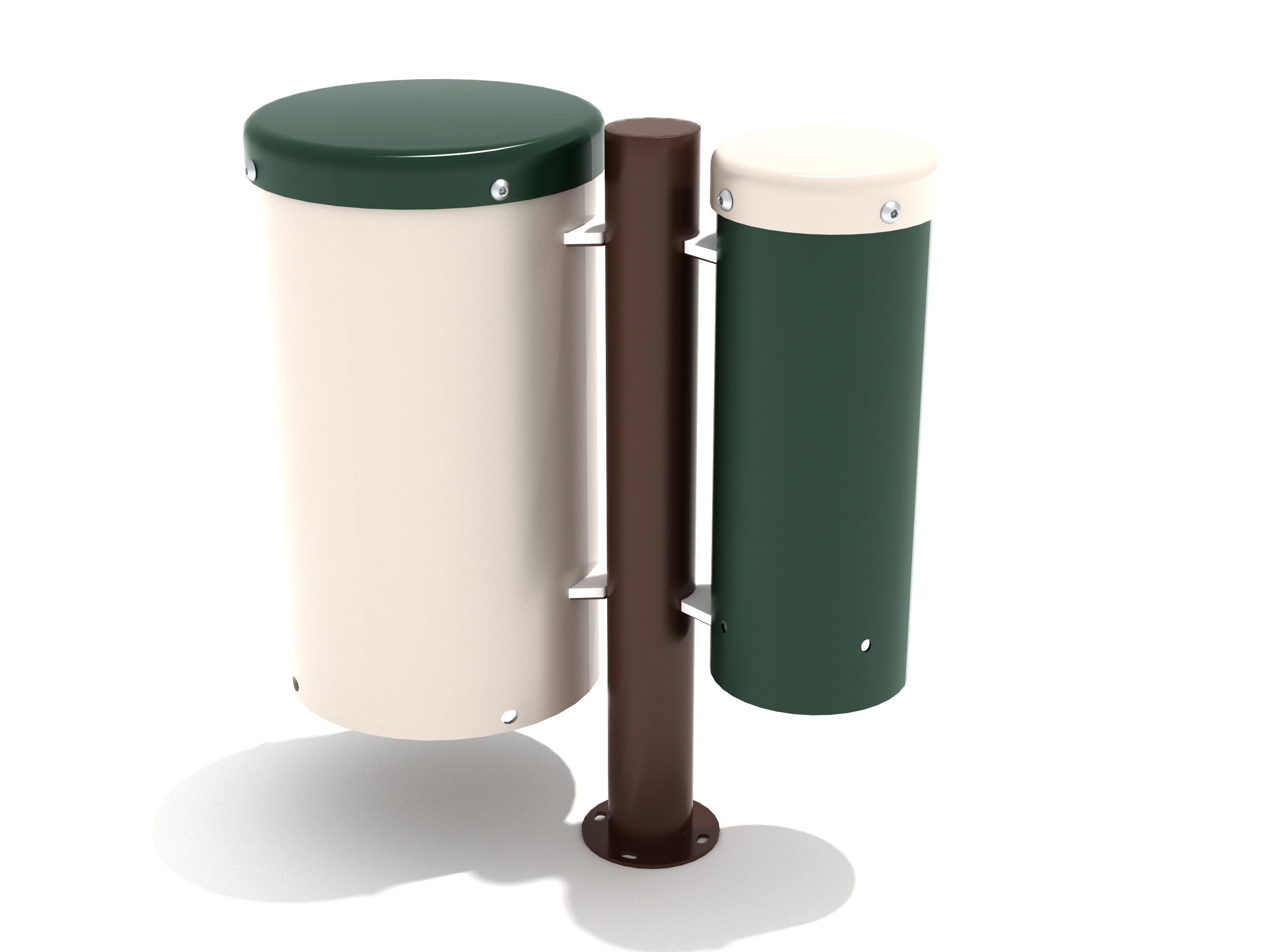 Two-tone green and beige steel bongo drums mounted on a brown post for outdoor playground musical play