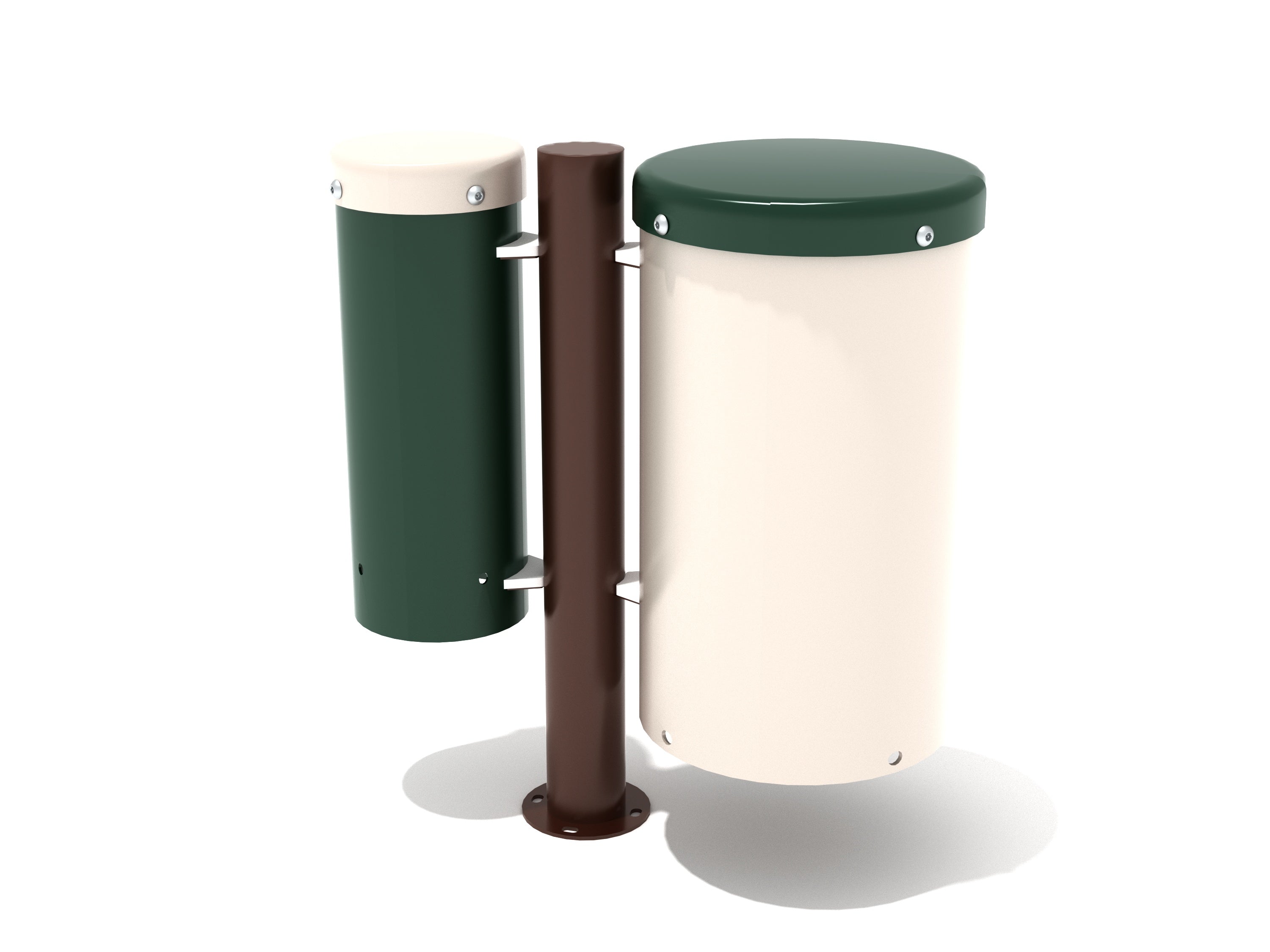 Two-tone outdoor bongo drums with green and cream drumheads mounted on a brown steel post for playground musical play