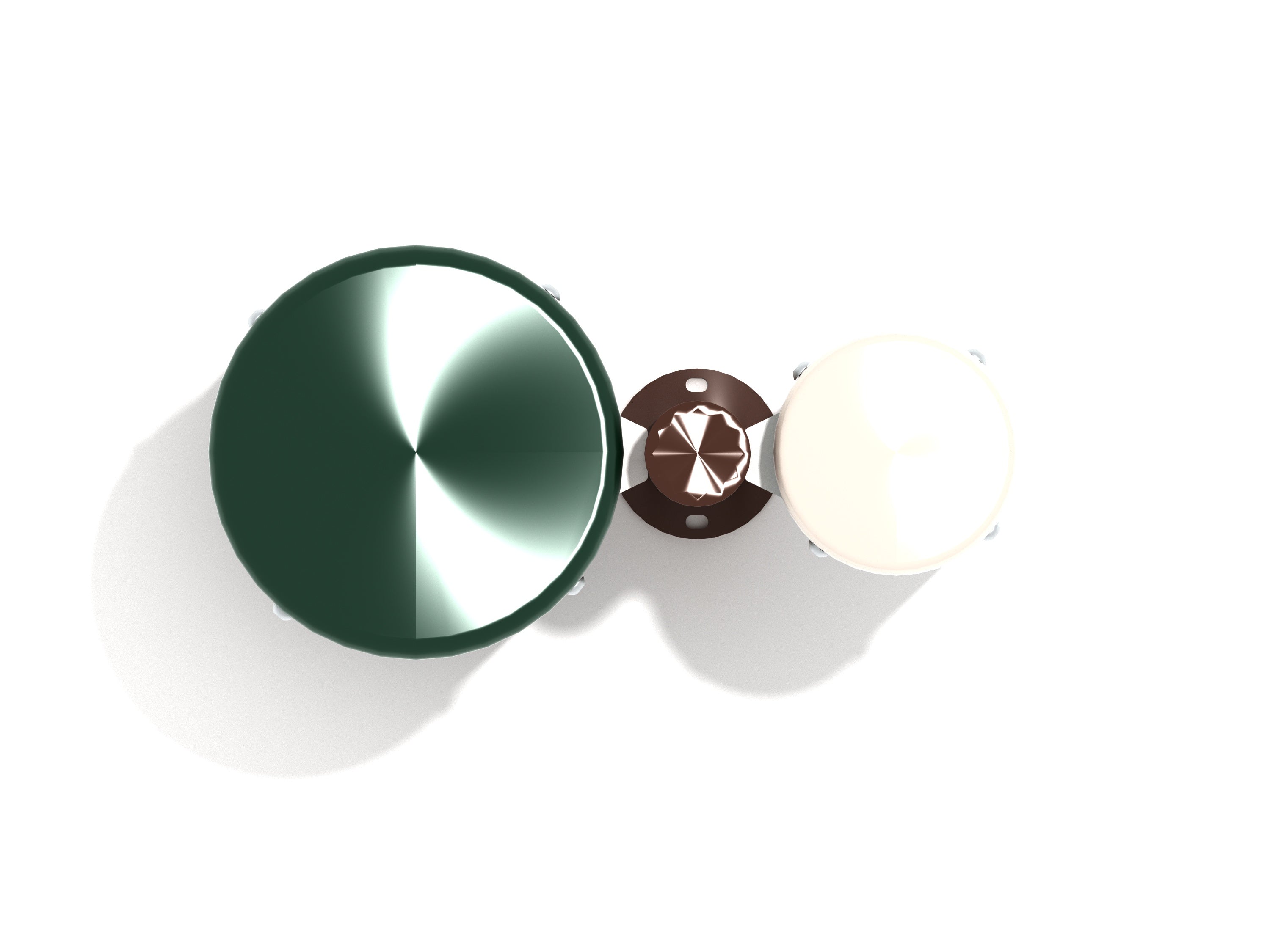 Overhead view of two connected bongo drums with green and white drumheads mounted on a central steel post