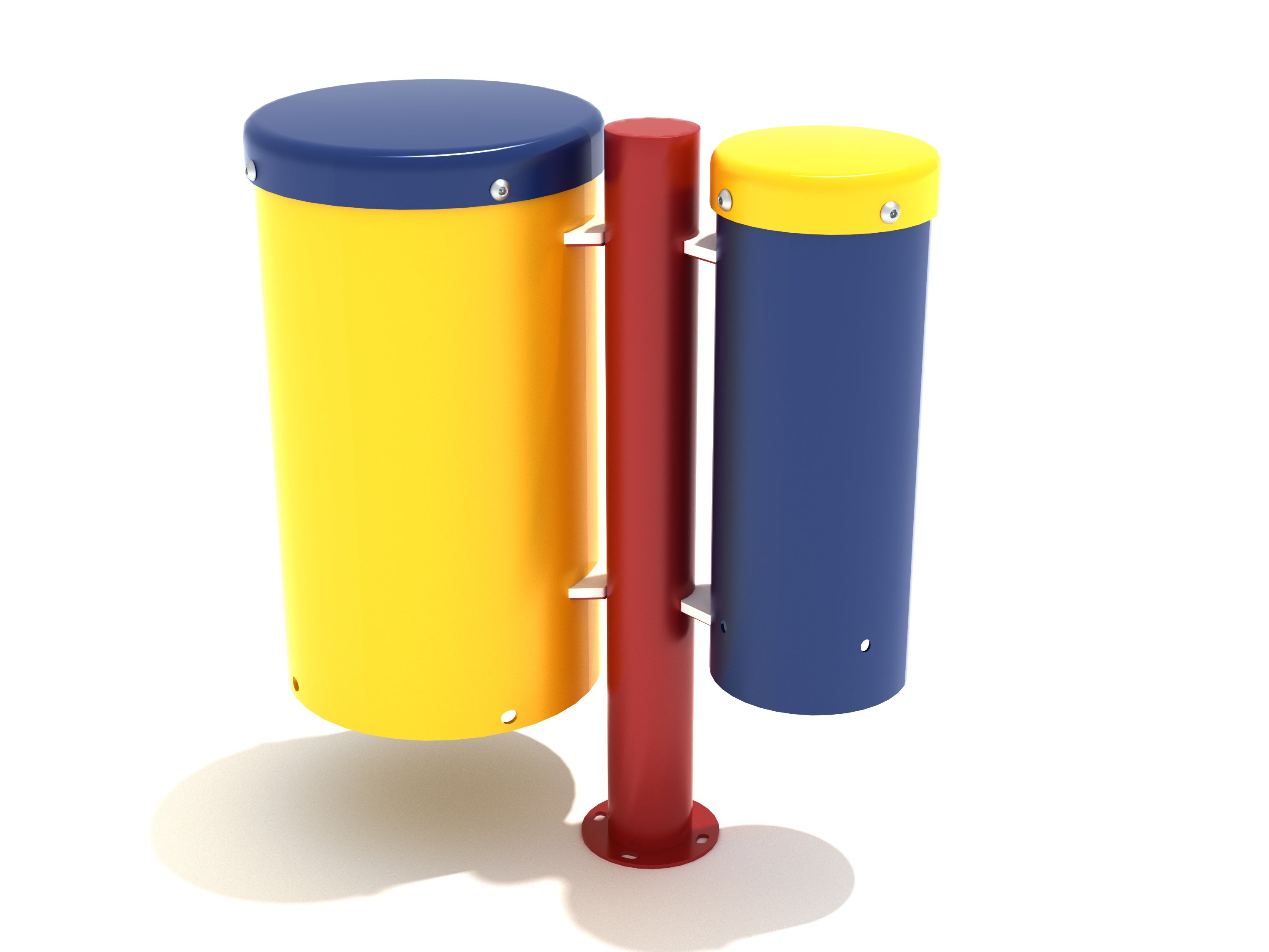 Two colorful bongo drums with yellow and blue bodies mounted on a red steel post for outdoor play.