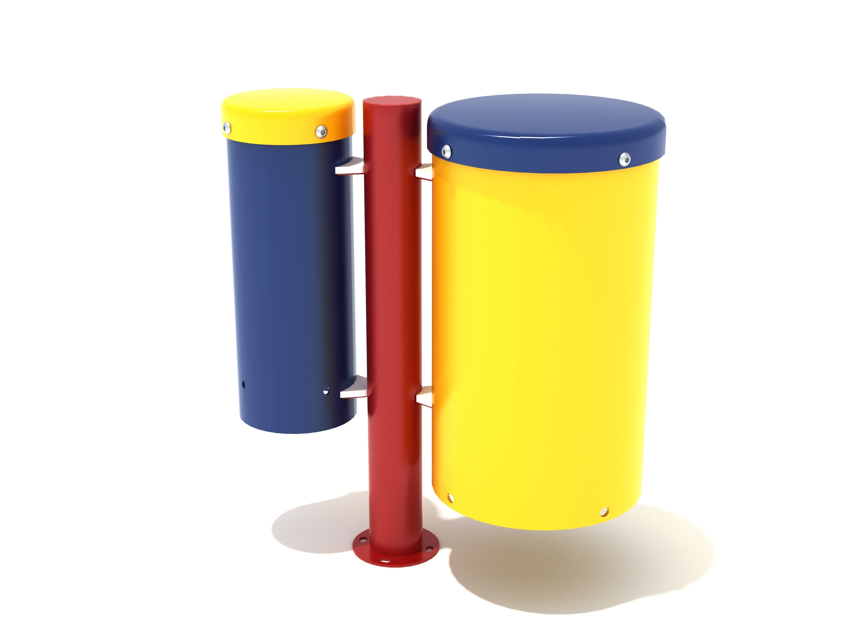 Two colorful outdoor bongo drums with distinct pitches mounted on a red steel post for playground musical play