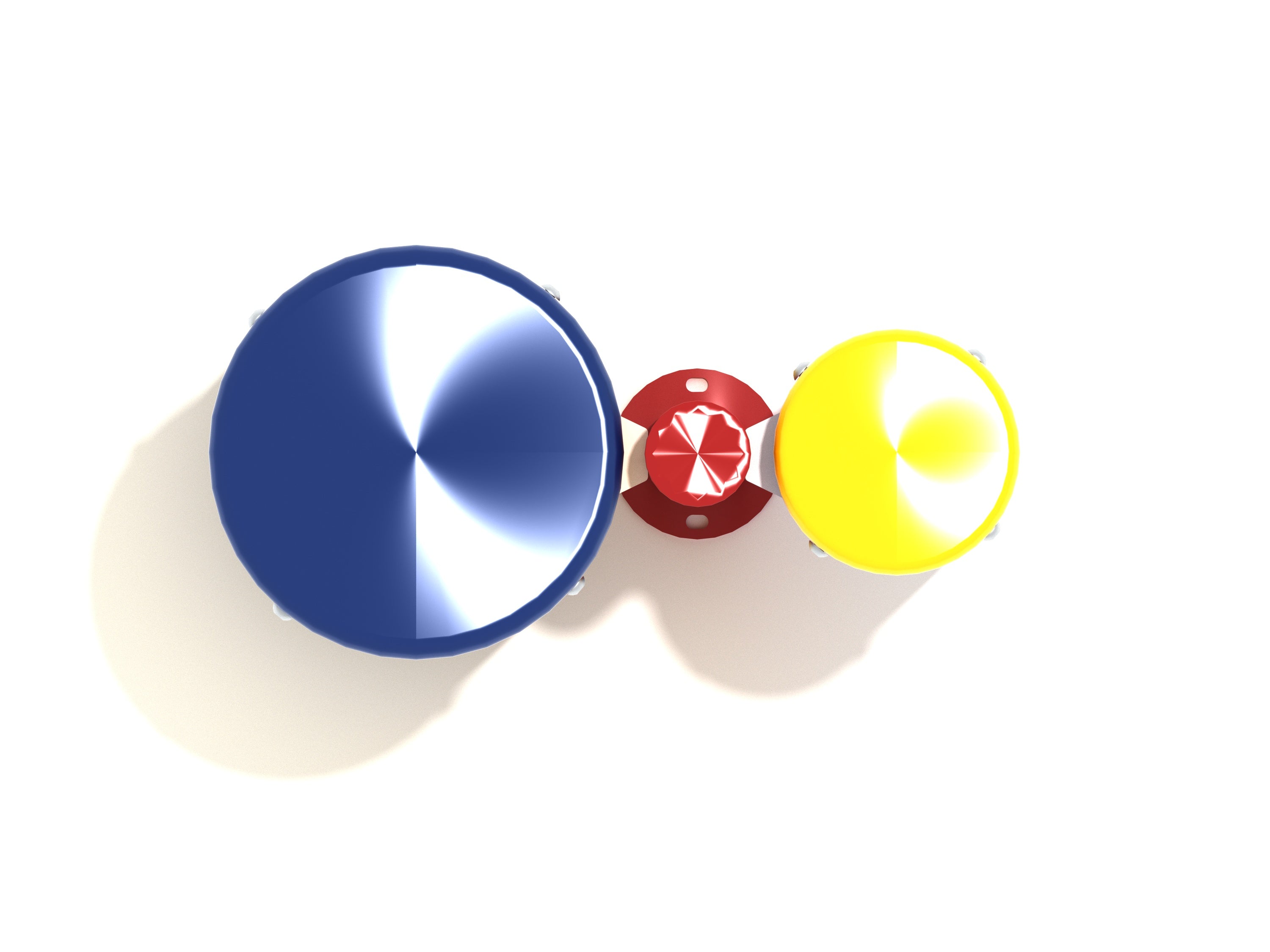 Overhead view of two colorful playground bongo drums with blue and yellow tops on a red steel post