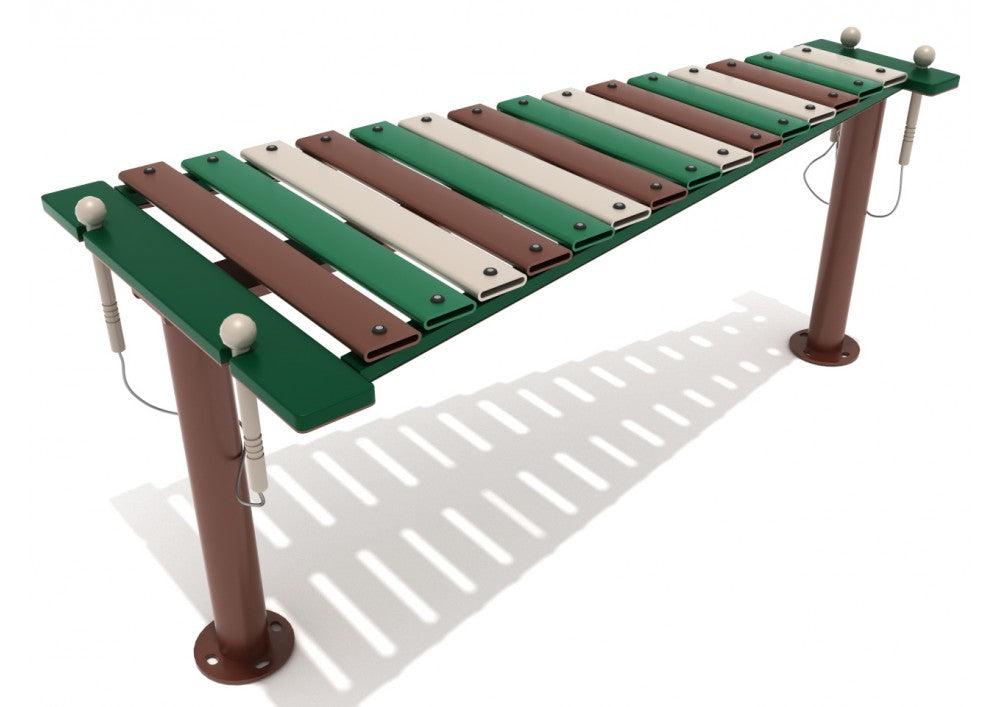 Outdoor metallophone with 15 alternating green, brown, and beige metal keys and two attached mallets on brown supports