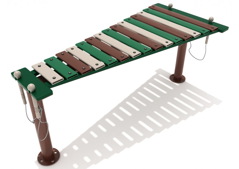 Outdoor metallophone with 15 alternating green, brown, and beige metal keys, two attached mallets, supported by brown posts.